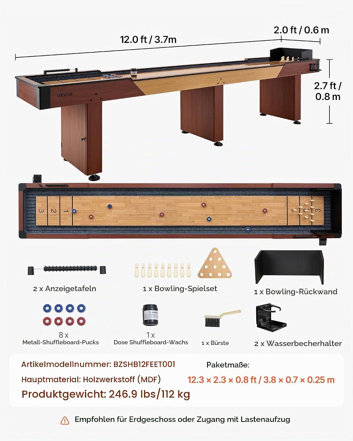 Shuffleboard Tisch 3,7 m Spieltisch Tischbowling mit kratzfestem Spielplatz Paletten Bowling-Set 2 in 1 – Thumbnail 6