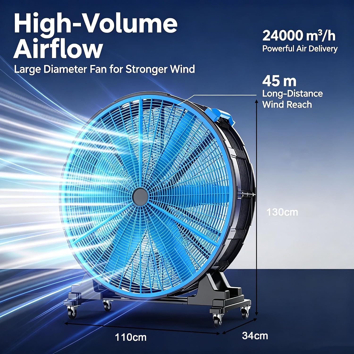 Industrie-Trommelventilator 24.000 m³/h 51 Zoll 45 m Reichweite 100 Geschwindigkeiten 500 W Hochgeschwindigkeits-Bodenventilator Kunststoff starker Luftstrom für Gewerbeflächen – 2