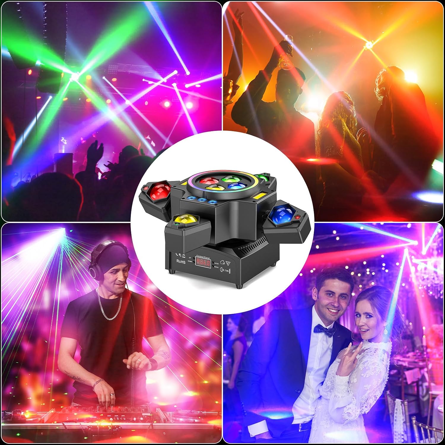 Bühnenlicht Strahl 150 W RGBW LED 4 Lampenarm Spotlight mit Fernbedienung Gold Strobe Partylicht Scheinwerfer für Disco DJ Bar Partys – Thumbnail 9