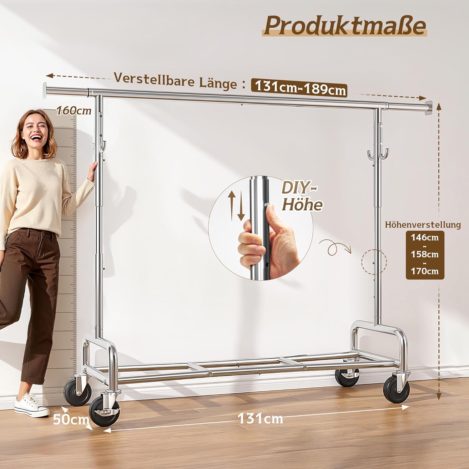 Ausziehbarer Kleiderständer auf Rollen für Mäntel Jacken ausziehbar 189 x 50 x 170 cm Traglast 140 kg – 3