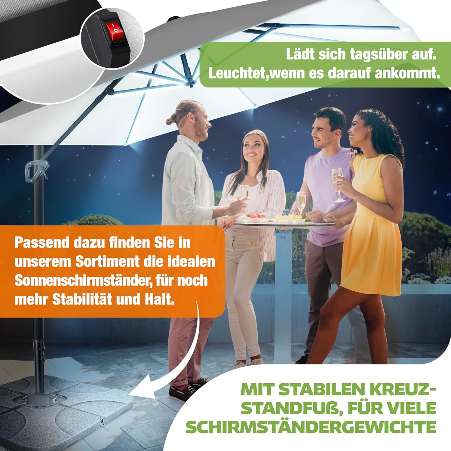 Sonnenschirm LED Beleuchtung Ampelschirm Marktschirm 300 x 300 cm inkl. Abdeckung + Windsicherung drehbar neigbar kippbar groß 360° Rotation Gartenschirm Kurbel – Thumbnail 6