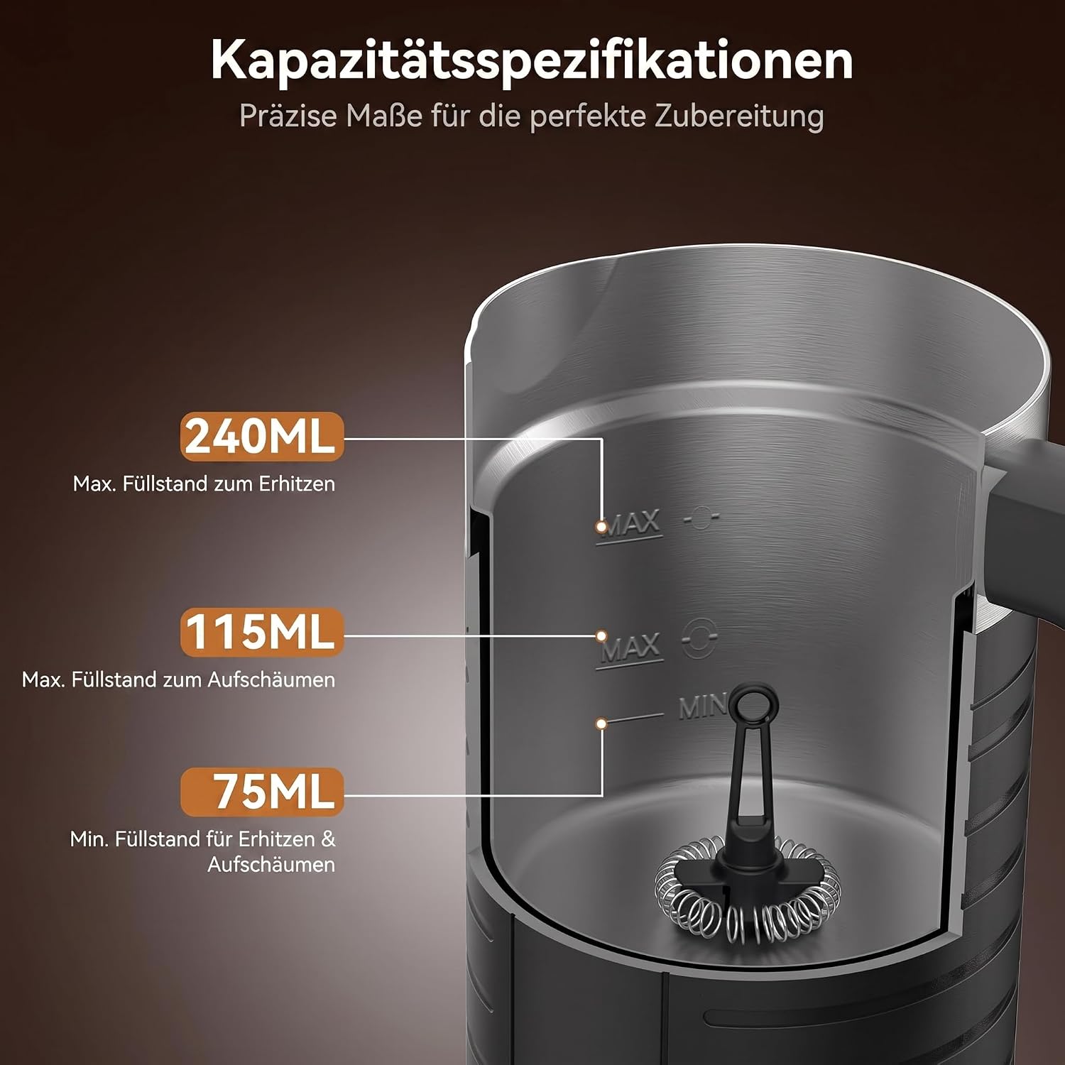 Milchaufschäumer elektrisch 4 in 1 leise & schnell 75 ml – 240 ml für heißen & kalten Milchschaum Edelstahl für Latte Macchiato & Cappuccino – 5