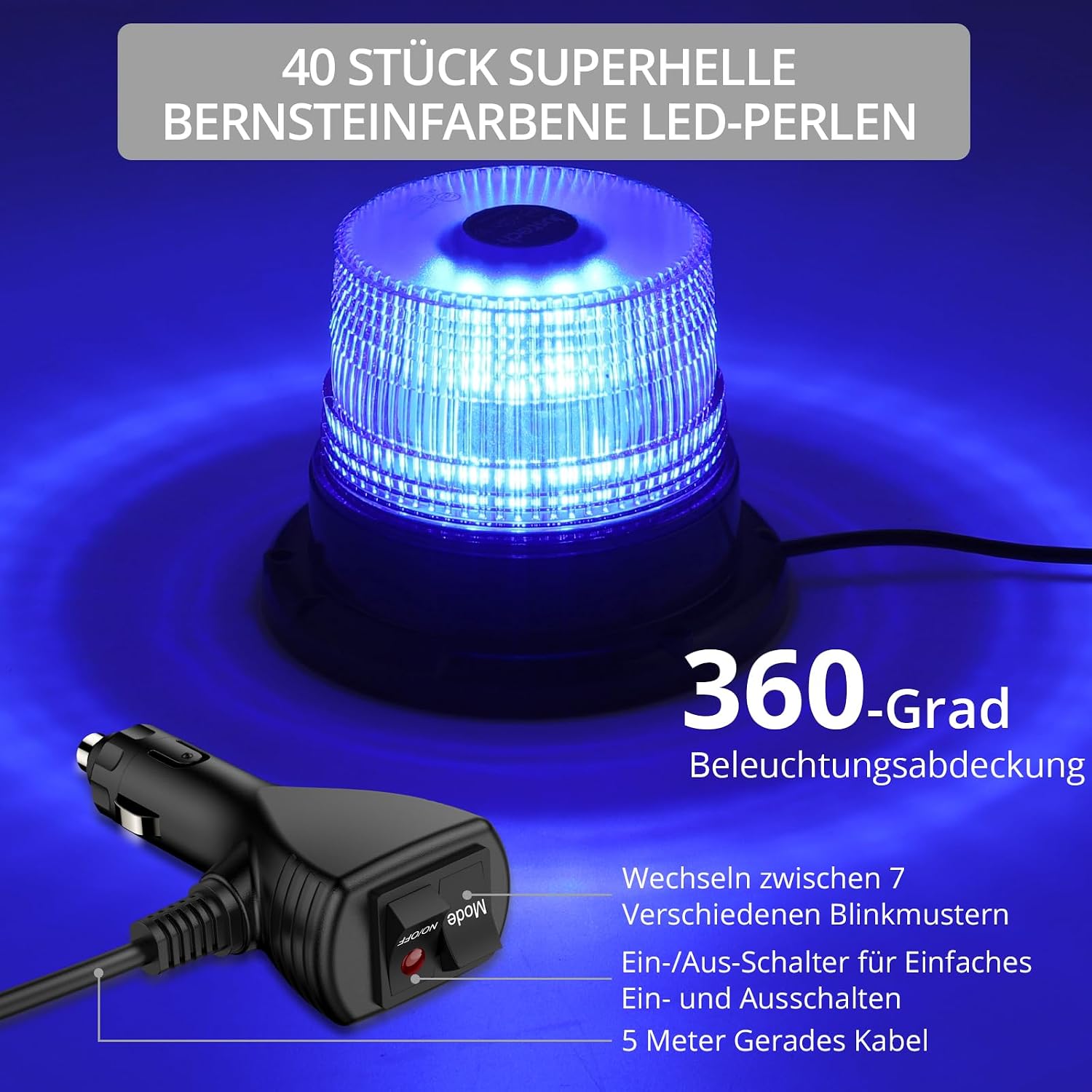 Blaulicht Rundumleuchte 360° Blau Warnleuchte Blitzleuchte 7 Modus mit 5 m Netzkabel 12V / 24V Warnlicht mit Magnetfuß – Thumbnail 6