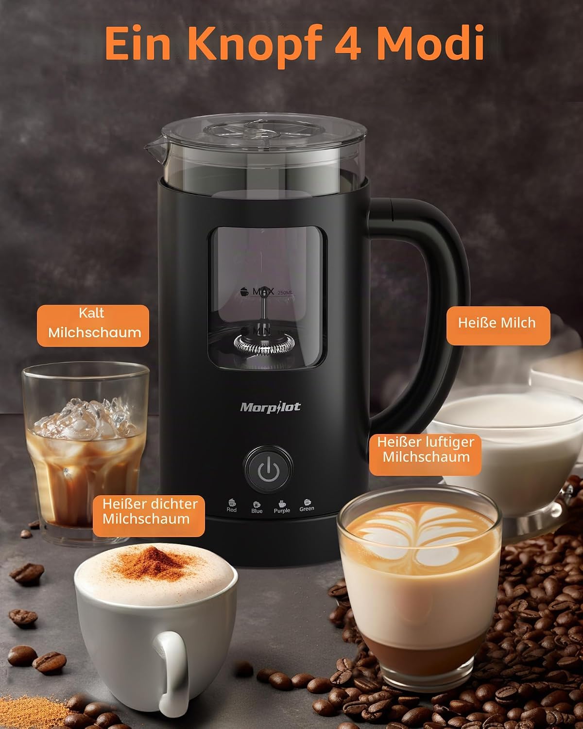 Milchaufschäumer 600 ml elektrisch 4 in 1 für Heiß- und Kaltgetränke 550W Latte-Design visuelles Glas leicht zu reinigen schwarz Catering + Veranstalter – 5