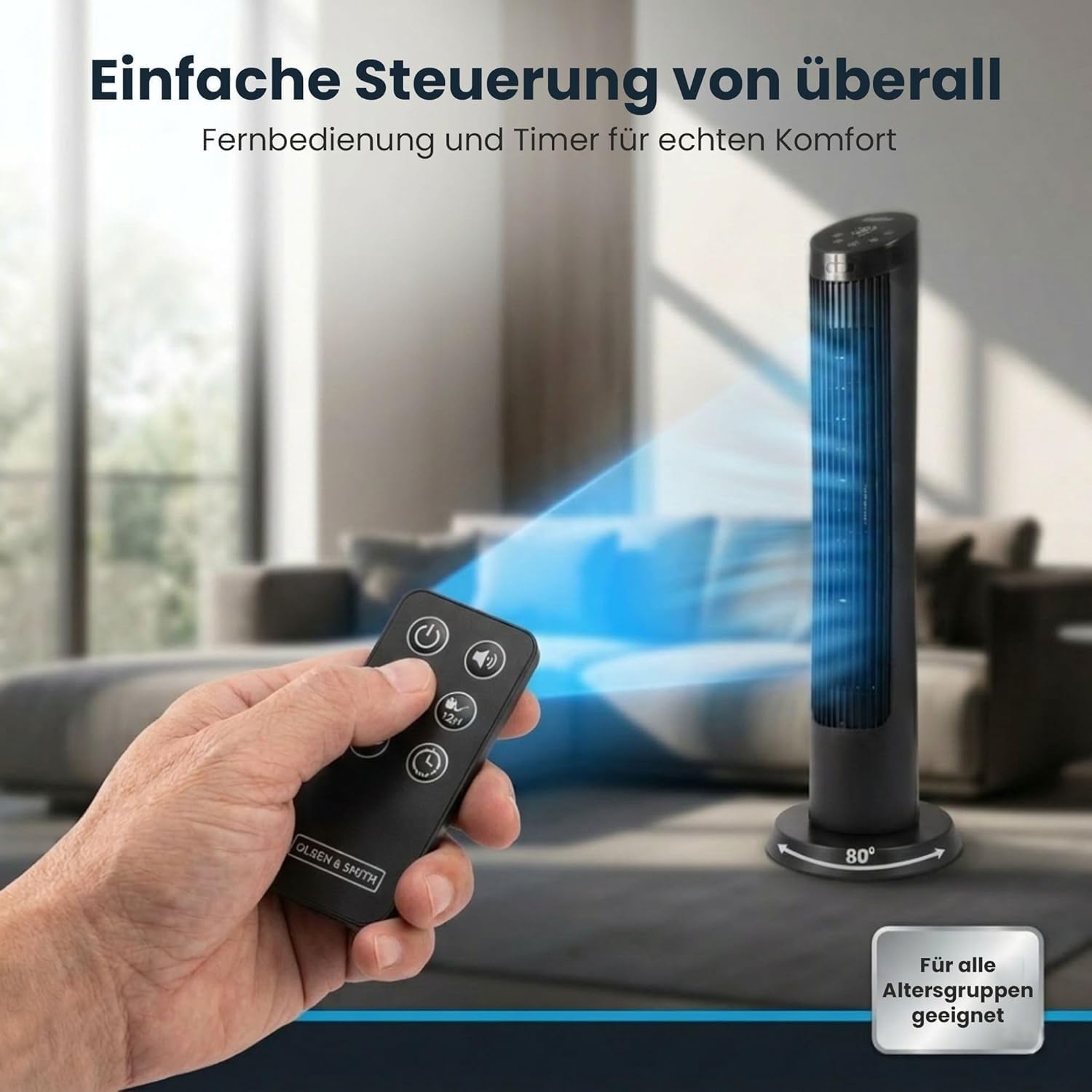 Turmventilator Standventilator Wurfweite 7,5 m Ventilator Fernbedienung leise 27-dB fürs Schlafzimmer 91 cm (36 Zoll) 4 Geschwindigkeitsstufen 7,5 m/s Oszillationsfunktion mit 12-Stunden-Timer – 4
