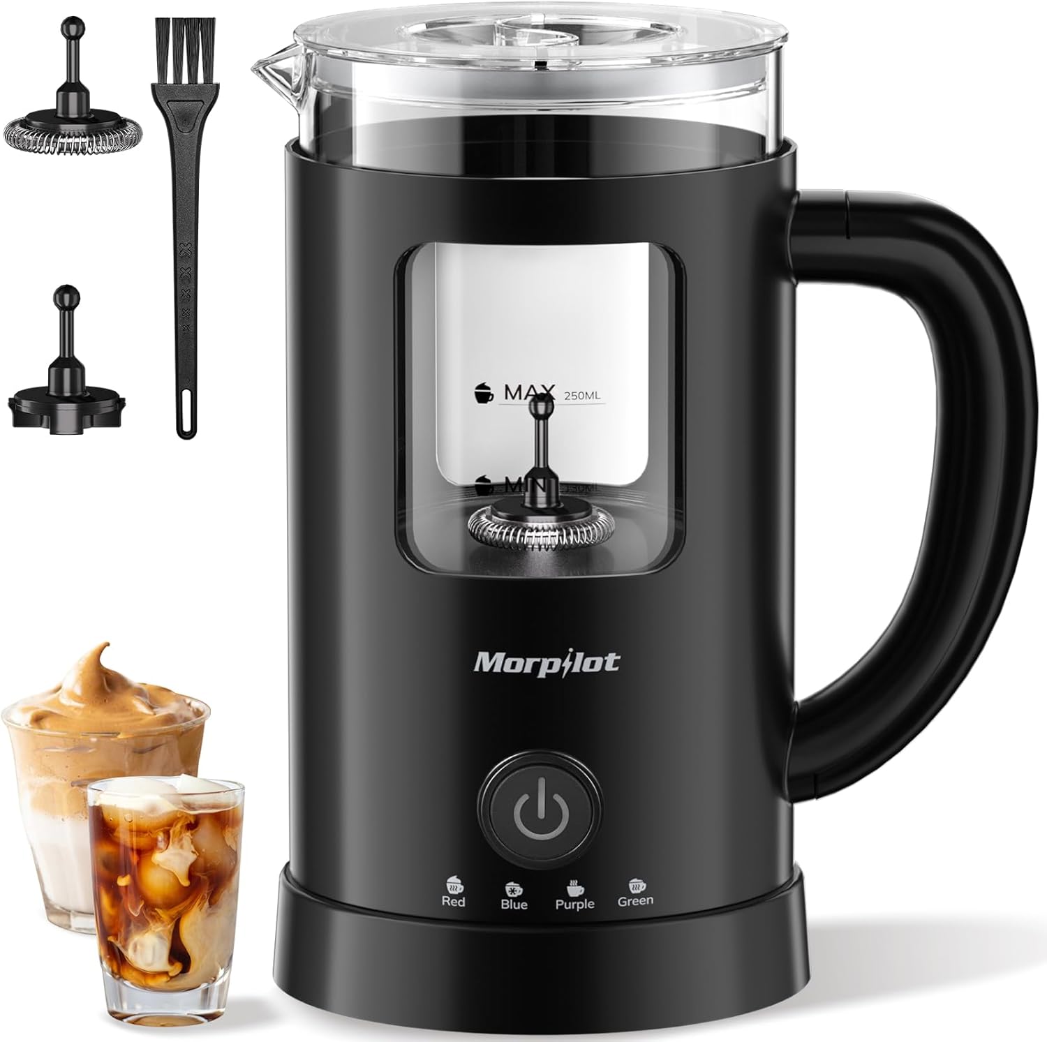 Milchaufschäumer 600 ml elektrisch 4 in 1 für Heiß- und Kaltgetränke 550W Latte-Design visuelles Glas leicht zu reinigen schwarz Catering + Veranstalter