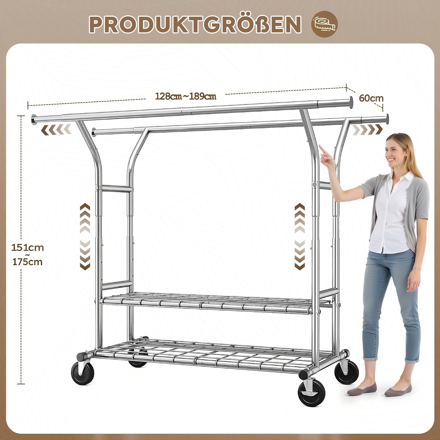 Doppelkleiderständer 200 kg Traglast Kleiderständer Breite verstellbar 128-189 cm ausziehbar auf Rollen 2 zusätzlichen Abstellflächen – 3
