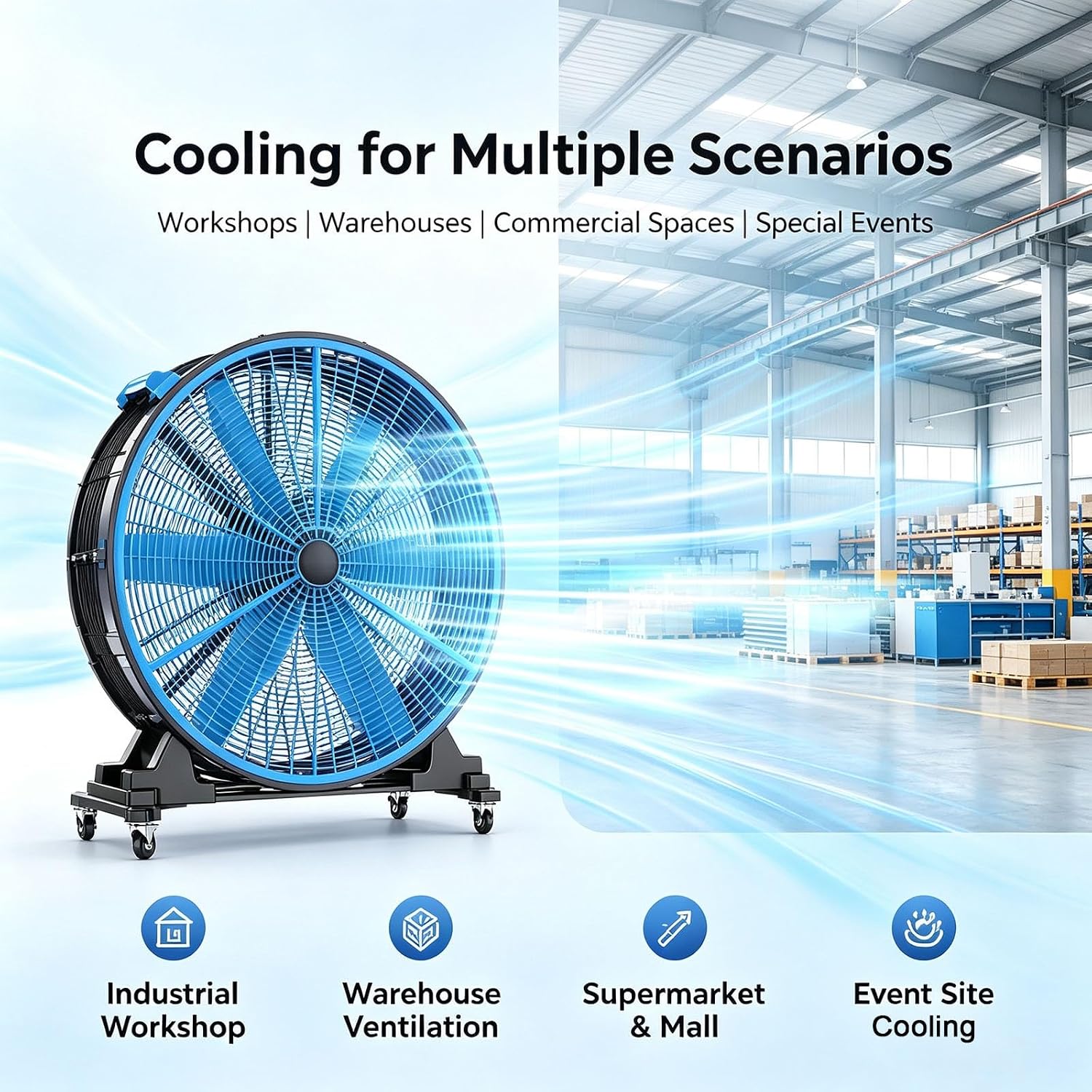 Industrie-Trommelventilator 24.000 m³/h 51 Zoll 45 m Reichweite 100 Geschwindigkeiten 500 W Hochgeschwindigkeits-Bodenventilator Kunststoff starker Luftstrom für Gewerbeflächen – Thumbnail 6