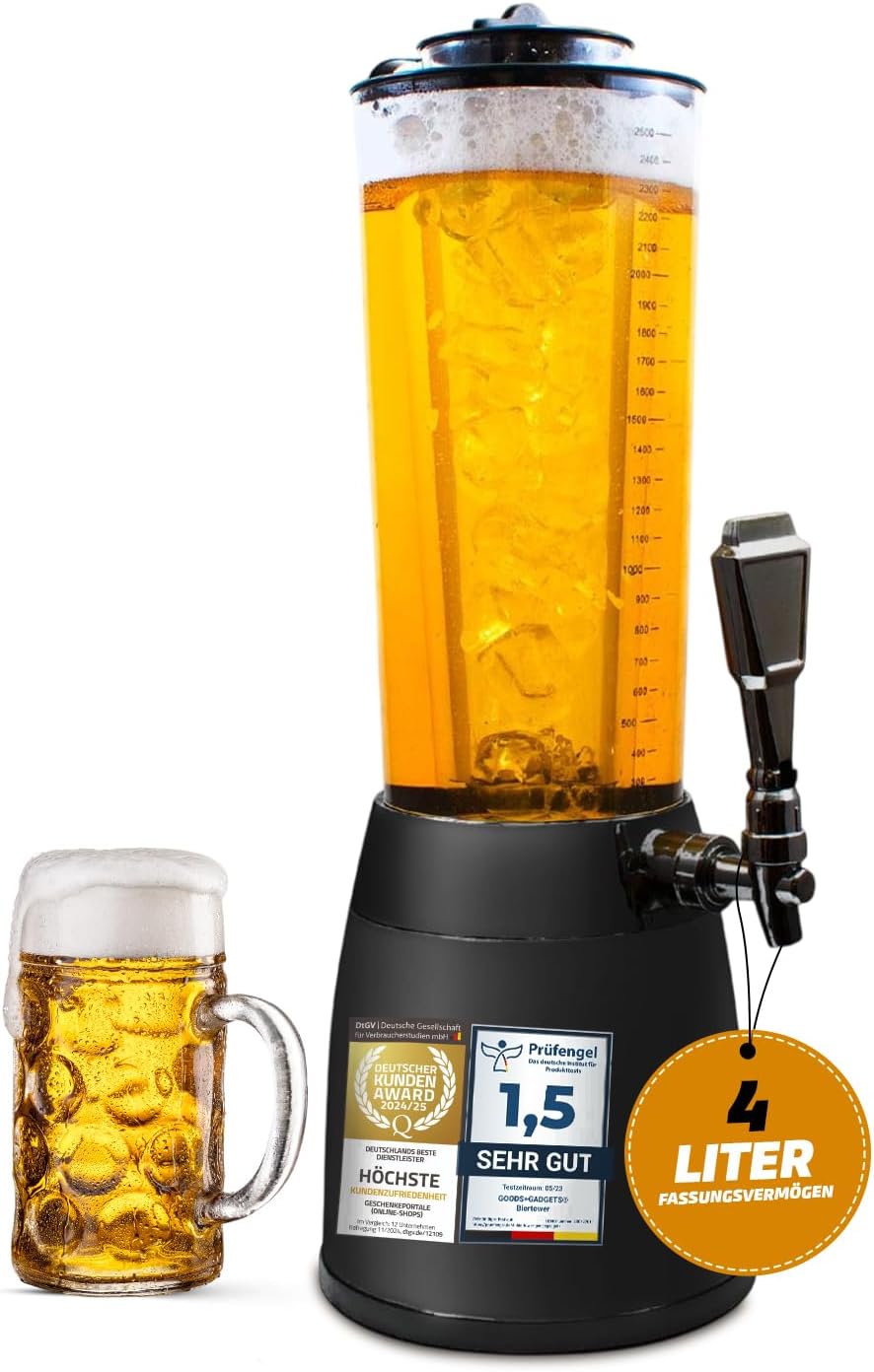 Biertower 4 Liter Kult Biersäule mit LED-Beleuchtung & Eiskühlung XXL Trinksäule Getränkespender mit Präzisions-Zapfhahn Robuste Zapfsäule – 3