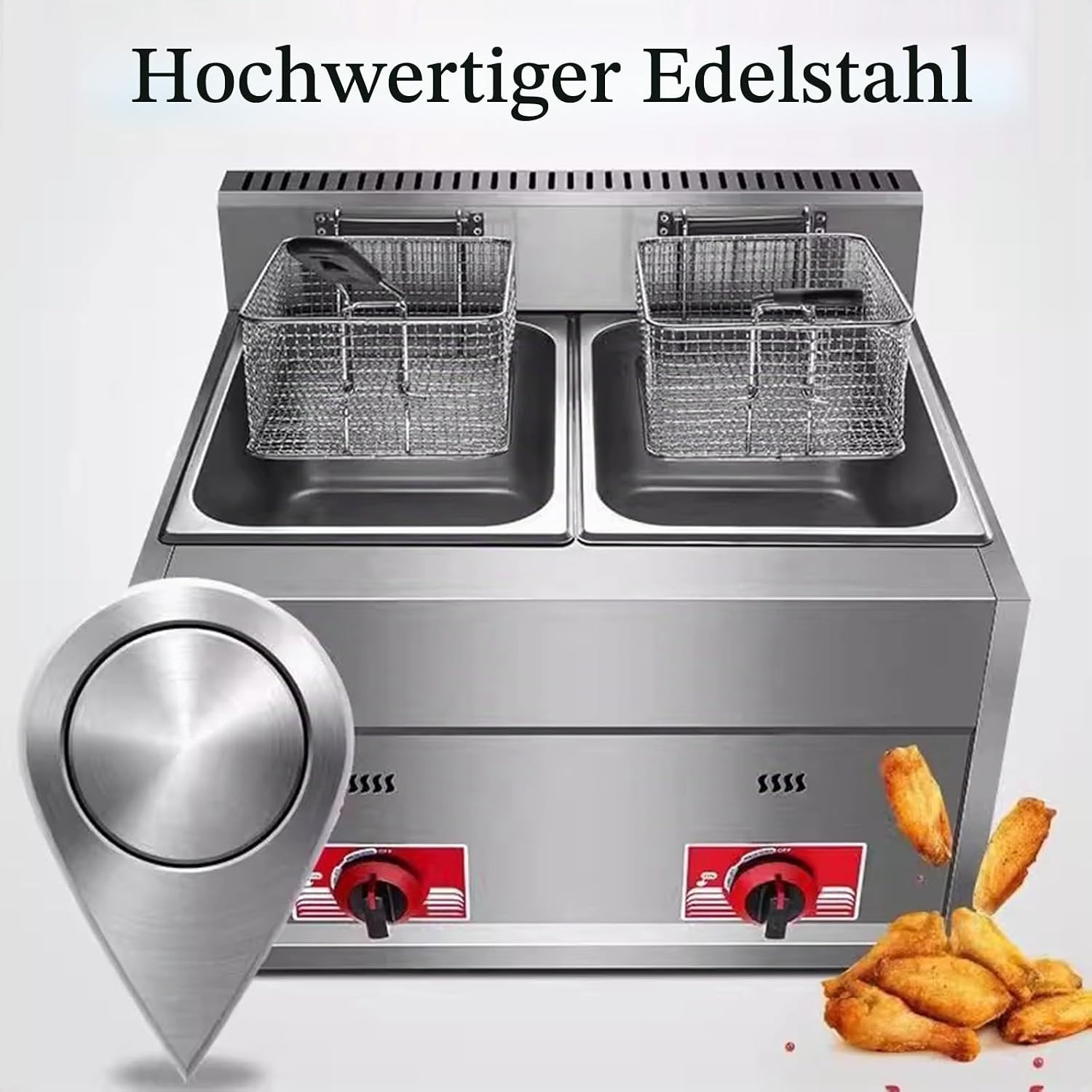 Gas Fritteuse 20 L = 2 x 10 L kommerziell Edelstahl Fritteuse mit Frittierkorb und Deckel Temperatur einstellbar Frittiermaschine für Heimküche Restaurants Imbissstuben – 5