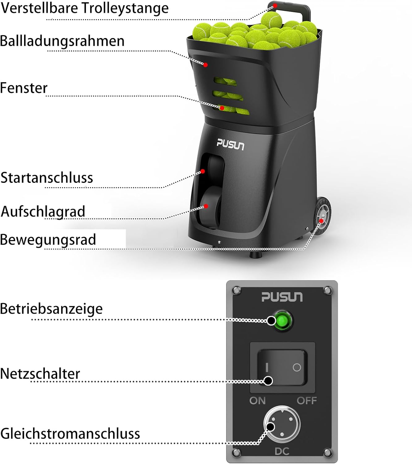 Tennisballmaschine Profi Ballwerfer Tennisball Maschine mit APP-Steuerung App für Apple Watch 20 Landepunkte & 12 Modi Smart Tennis Trainer für alle Spielniveaus 4-6 Std. Laufzeit – Thumbnail 6