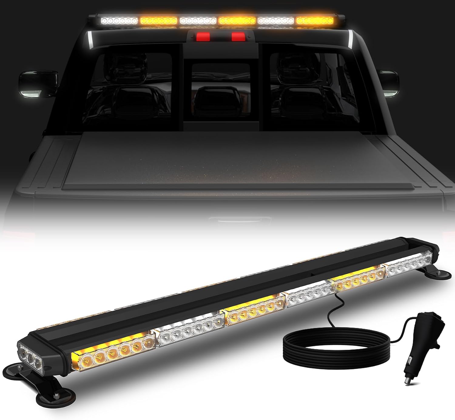 Rundumleuchte Blinklicht 96 cm Warnbalken 78 LED Leuchten mit Magnetbasis für Baustellenfahrzeuge Lkw Pickup (Gelb Weiß)