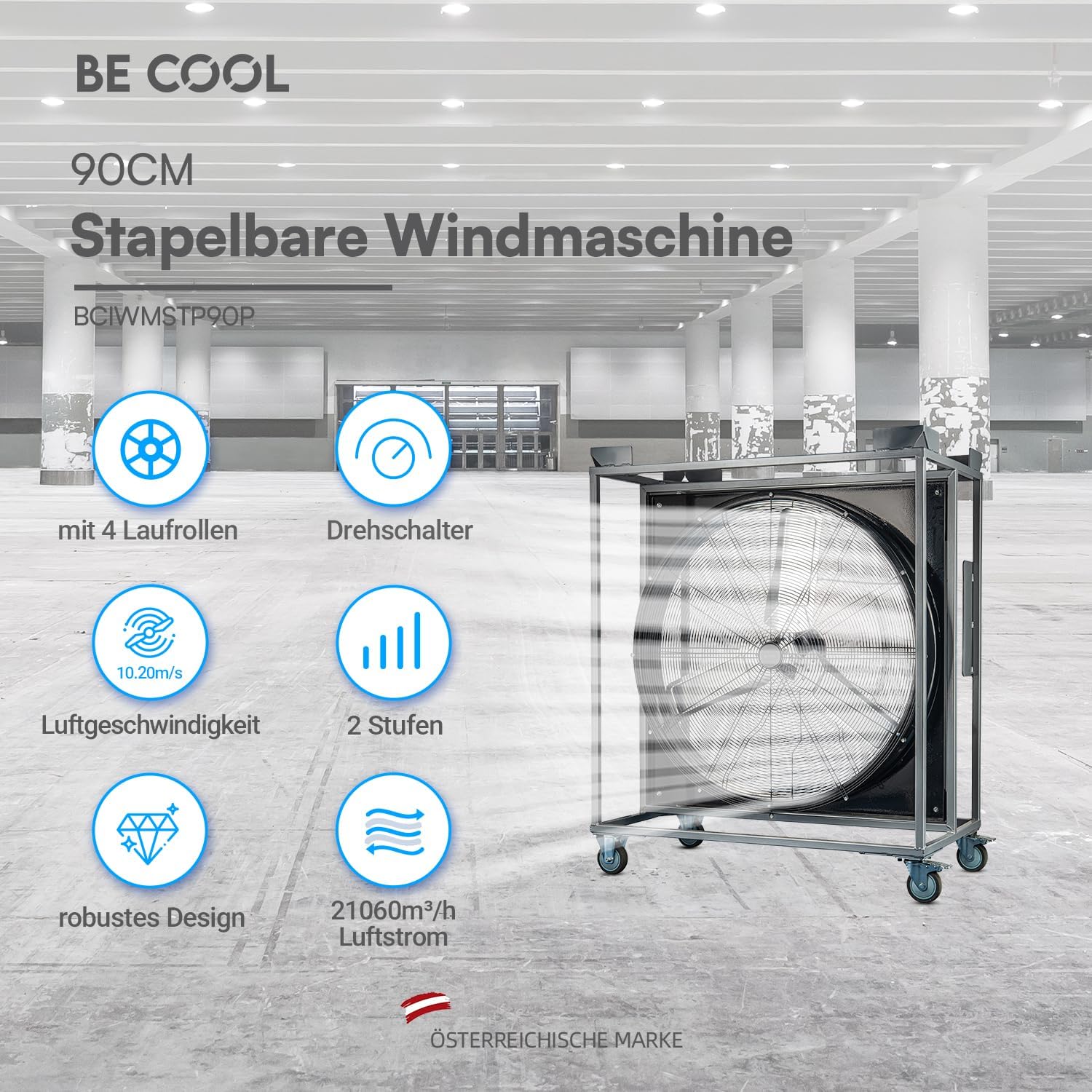 Windmaschine Ventilator 90 cm Industrieventilator 21.060 m³/h Luftstrom 1000 W 2 Stufen Laufrollen Vollkupfermotor Aluminiumblätter 5 m Kabel stapelbar – 3