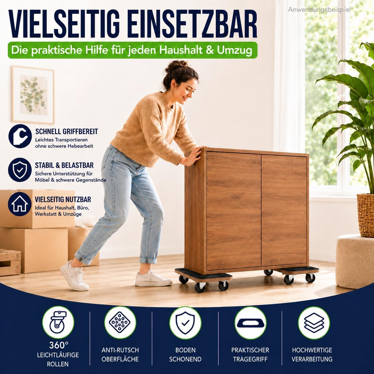 Möbelroller Rollbrett Transportroller Tischtransportwagen 2er Set bis 200 kg/Stck. Roller für Möbel 360° Lenkrollen rutschfest robust Tragegriff – 3