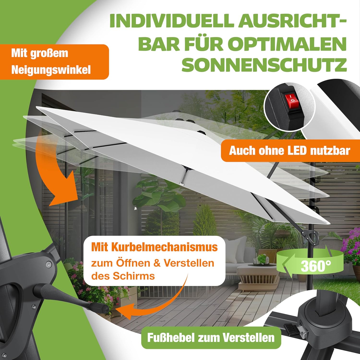 Sonnenschirm LED Beleuchtung Ampelschirm Marktschirm 300 x 300 cm inkl. Abdeckung + Windsicherung drehbar neigbar kippbar groß 360° Rotation Gartenschirm Kurbel – 5