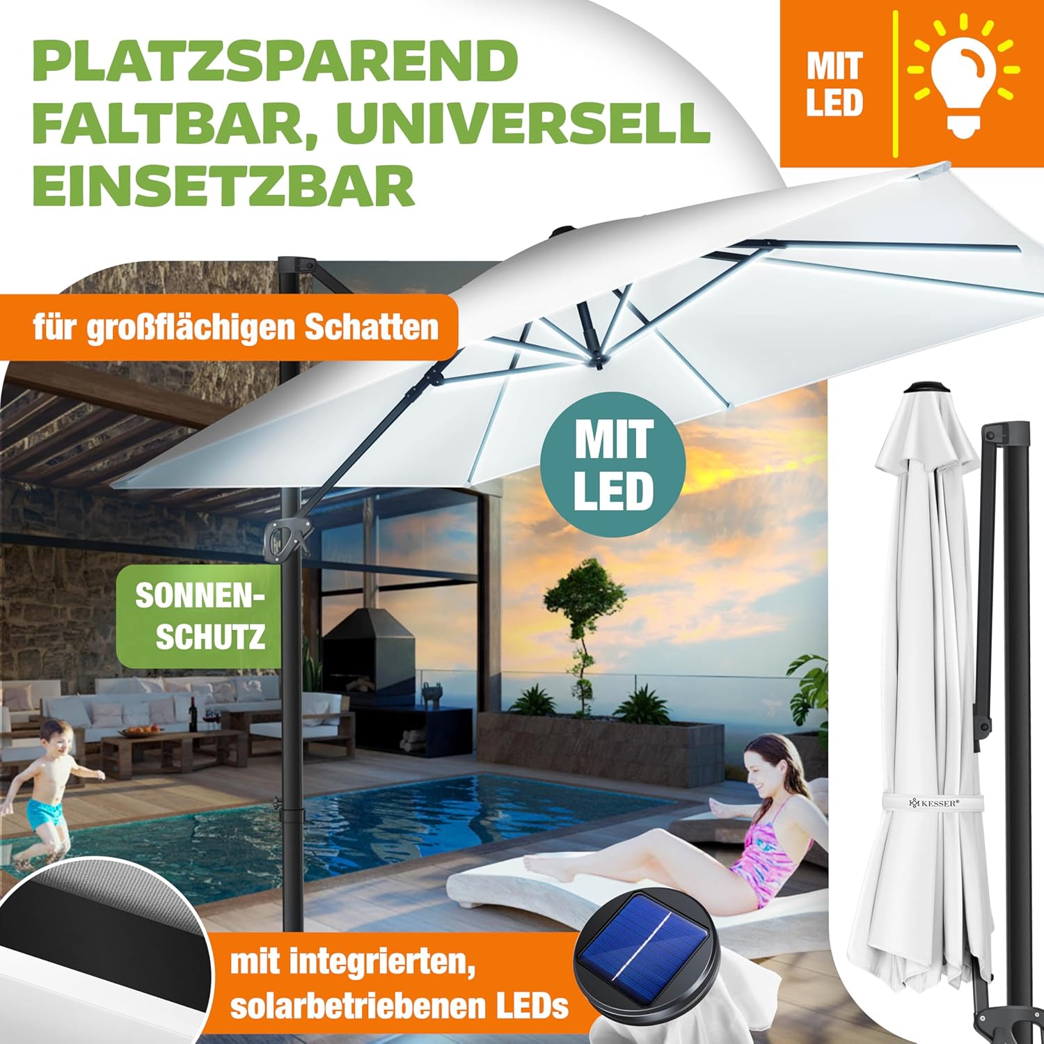 Sonnenschirm LED Beleuchtung Ampelschirm Marktschirm 300 x 300 cm inkl. Abdeckung + Windsicherung drehbar neigbar kippbar groß 360° Rotation Gartenschirm Kurbel – 4