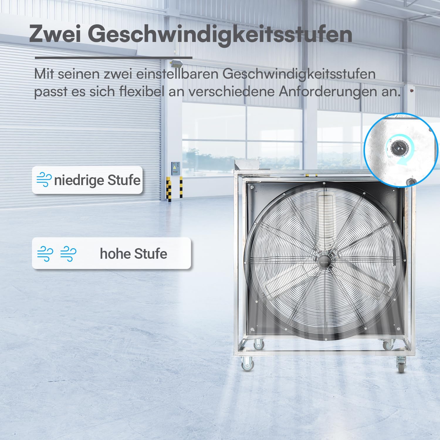 Windmaschine Ventilator 90 cm Industrieventilator 21.060 m³/h Luftstrom 1000 W 2 Stufen Laufrollen Vollkupfermotor Aluminiumblätter 5 m Kabel stapelbar – 4