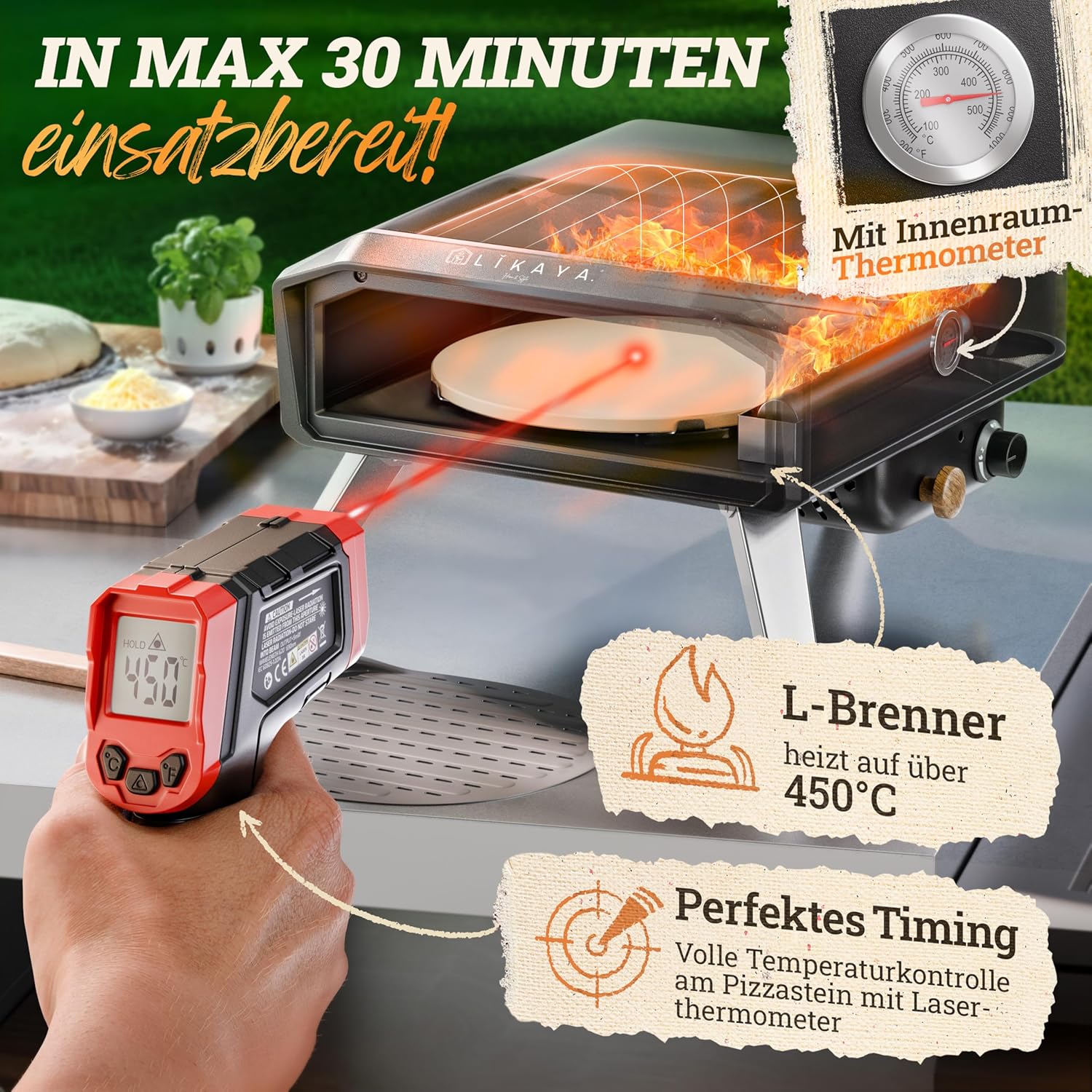Pizzaofen Gas 6,2kW Outdoor 450°C Gas Pizza Ofen Outdoor Pizzastein Drehteller Pizzaschaufel Tasche & Laser Thermometer – 4
