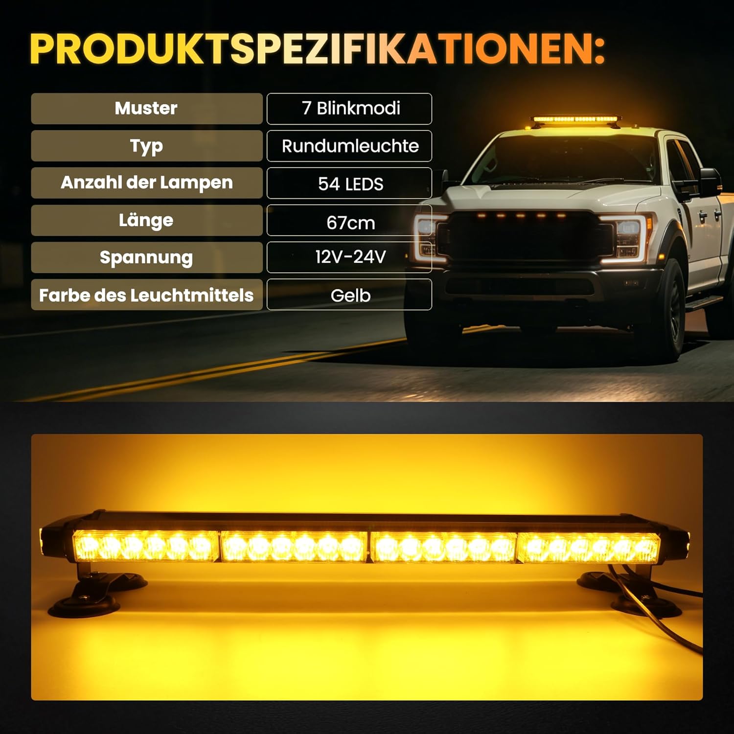 LED Warnbalken 67 cm Rundumleuchte 54 LEDs 7 Blitzmodi 12/24 V Magnethalterung – 2