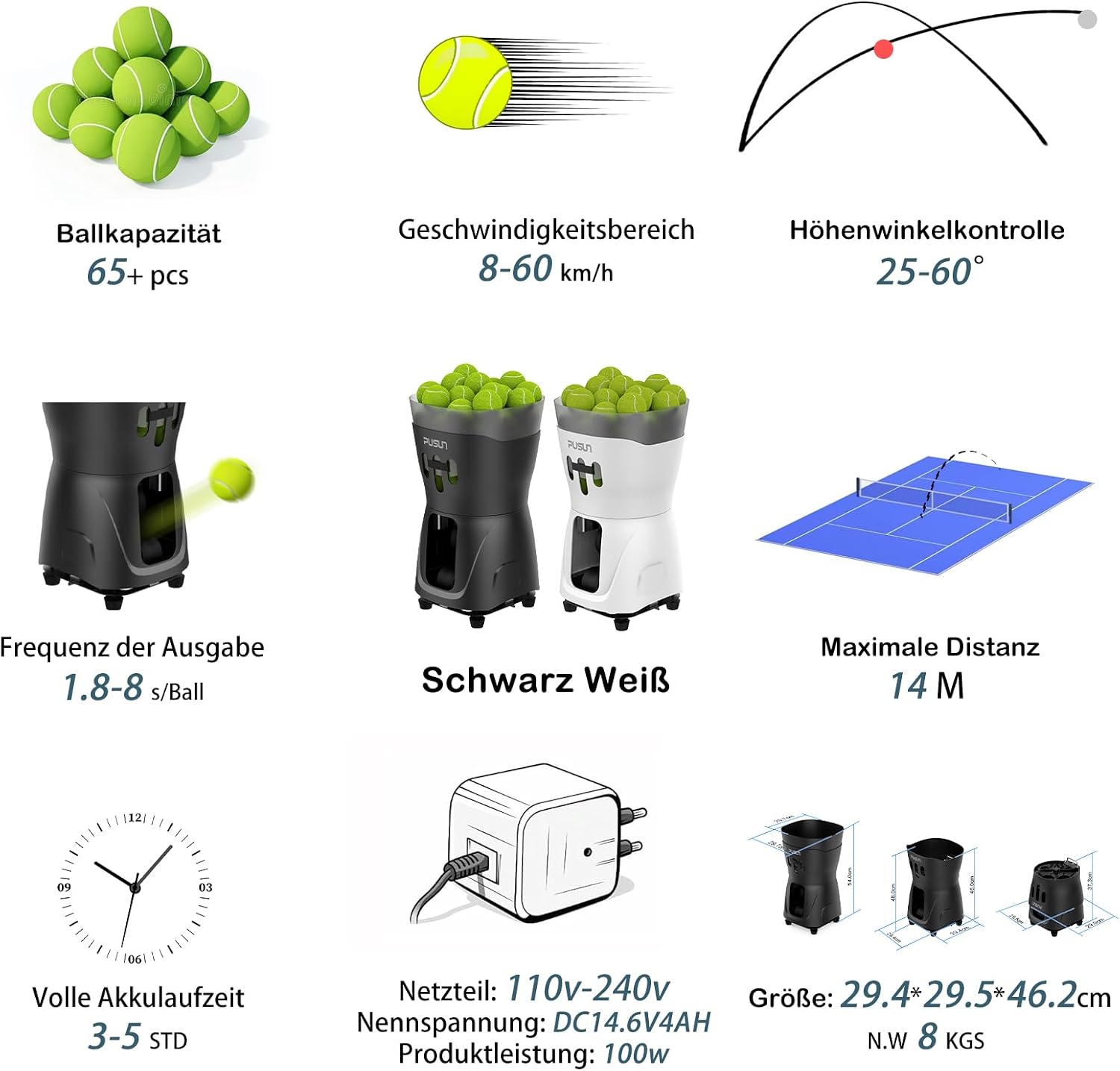 Indoor-Tennismaschine tragbare Tennisballmaschine Tennistrainer Ballwerfer leichte mit APP-Steuerung 65-Ball-Kapazität für Schulen 3-5h Akku – 3