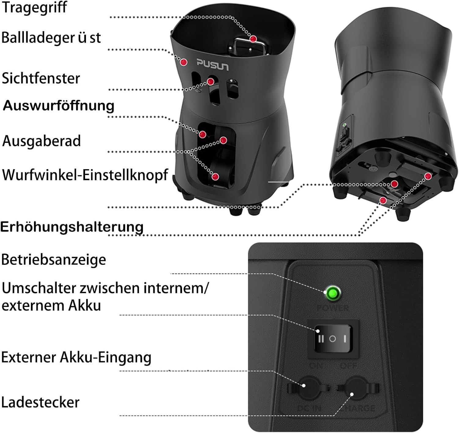 Indoor-Tennismaschine tragbare Tennisballmaschine Tennistrainer Ballwerfer leichte mit APP-Steuerung 65-Ball-Kapazität für Schulen 3-5h Akku – Thumbnail 7