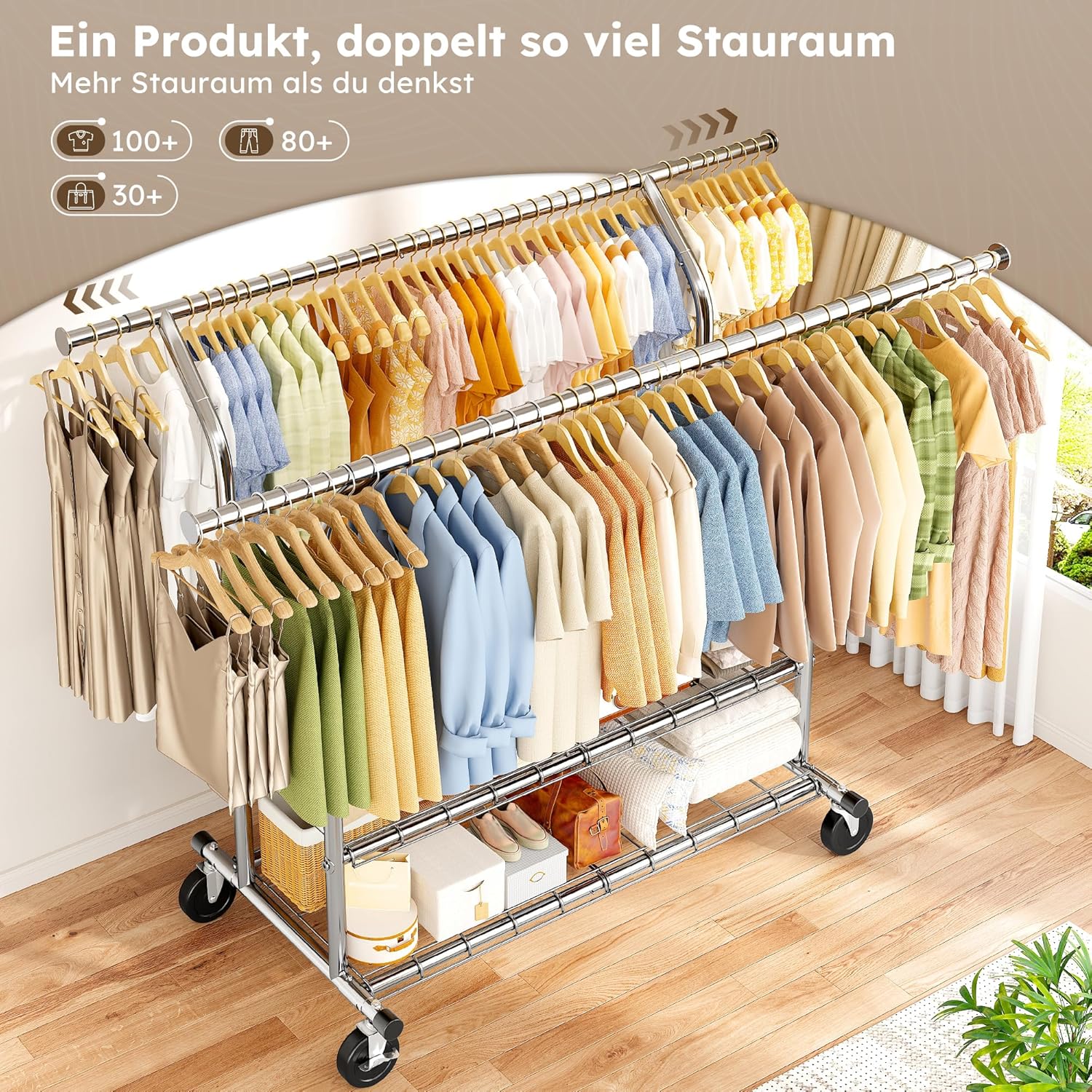 Doppelkleiderständer 200 kg Traglast Kleiderständer Breite verstellbar 128-189 cm ausziehbar auf Rollen 2 zusätzlichen Abstellflächen – 5