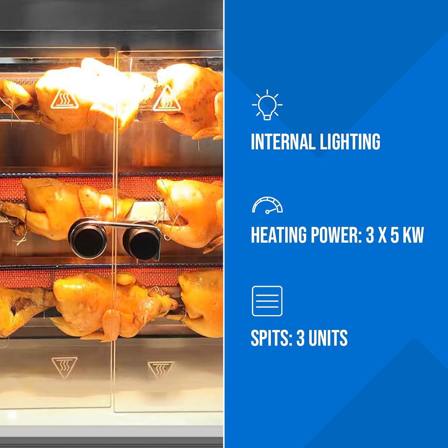 Catering Hähnchengrill Gas 3 Spieße = 3 x 5 Hähnchen mit Beleuchtung 3 x 5 kW Edelstahl gehärtetes Glas Gastro-Hähnchengrill – 4
