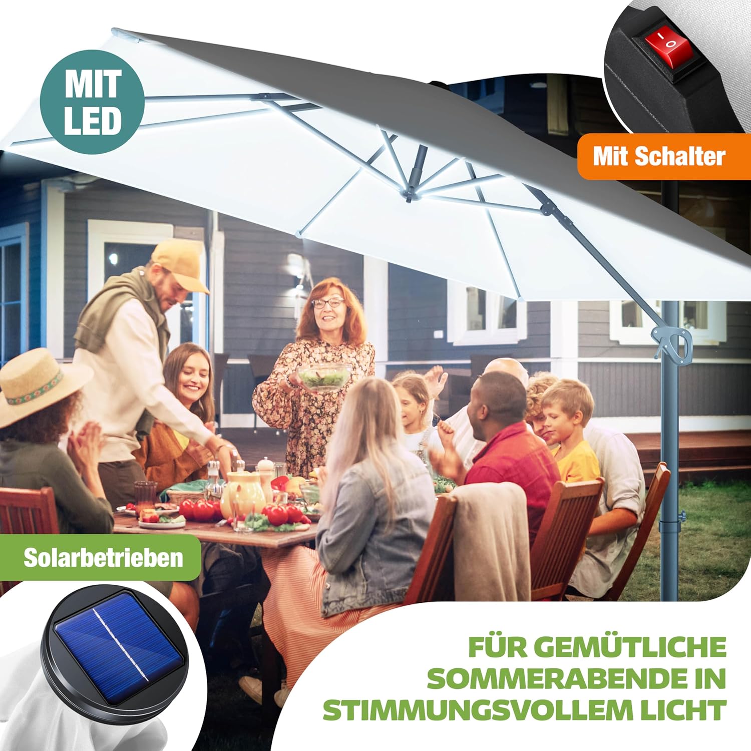 Sonnenschirm LED Beleuchtung Ampelschirm Marktschirm 300 x 300 cm inkl. Abdeckung + Windsicherung drehbar neigbar kippbar groß 360° Rotation Gartenschirm Kurbel – Thumbnail 8