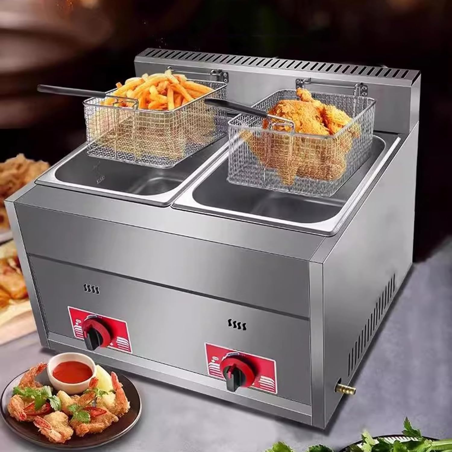 Gas Fritteuse 20 L = 2 x 10 L kommerziell Edelstahl Fritteuse mit Frittierkorb und Deckel Temperatur einstellbar Frittiermaschine für Heimküche Restaurants Imbissstuben – 2