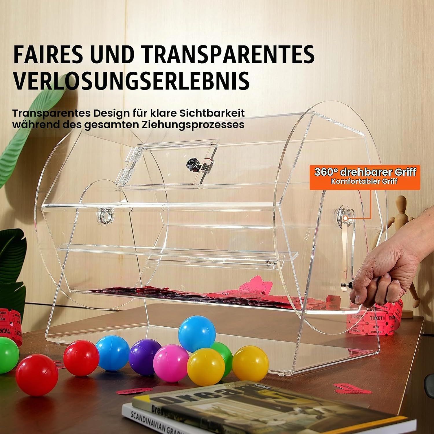 Lostrommel 10.000 Lose oder 300 Tombola-Kugeln Fassungsvermögen professioneller Los-Drehkäfig mit 2 Schlüsseln transparente Lotterie-Drehscheibe Losbox für Lotteriespiele – Thumbnail 8