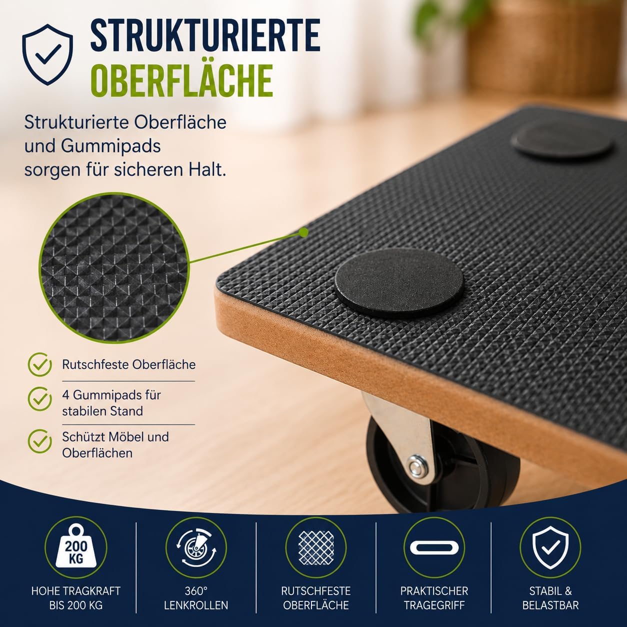 Möbelroller Rollbrett Transportroller Tischtransportwagen 2er Set bis 200 kg/Stck. Roller für Möbel 360° Lenkrollen rutschfest robust Tragegriff – 5
