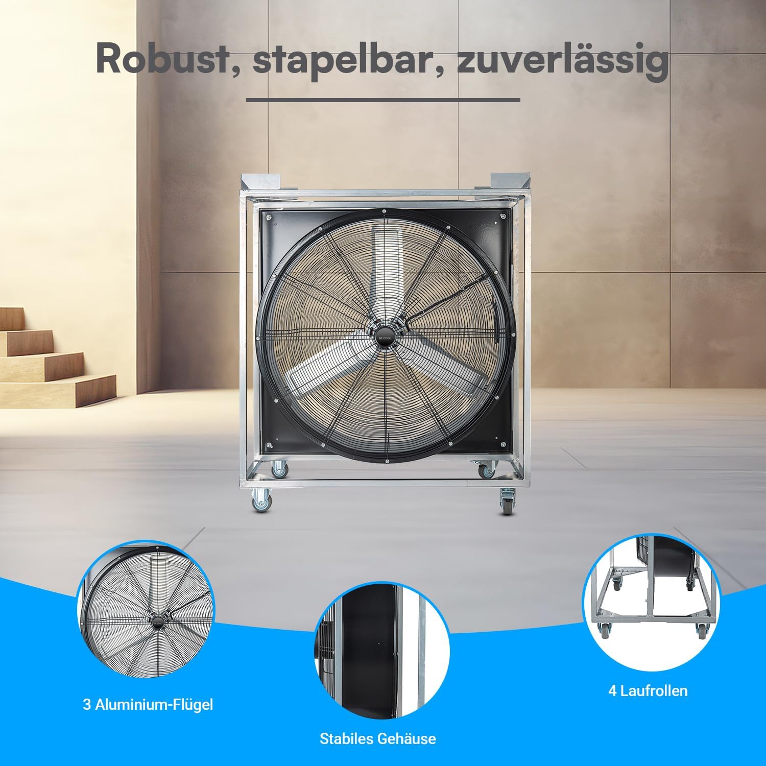 Windmaschine Ventilator 90 cm Industrieventilator 21.060 m³/h Luftstrom 1000 W 2 Stufen Laufrollen Vollkupfermotor Aluminiumblätter 5 m Kabel stapelbar – Thumbnail 6