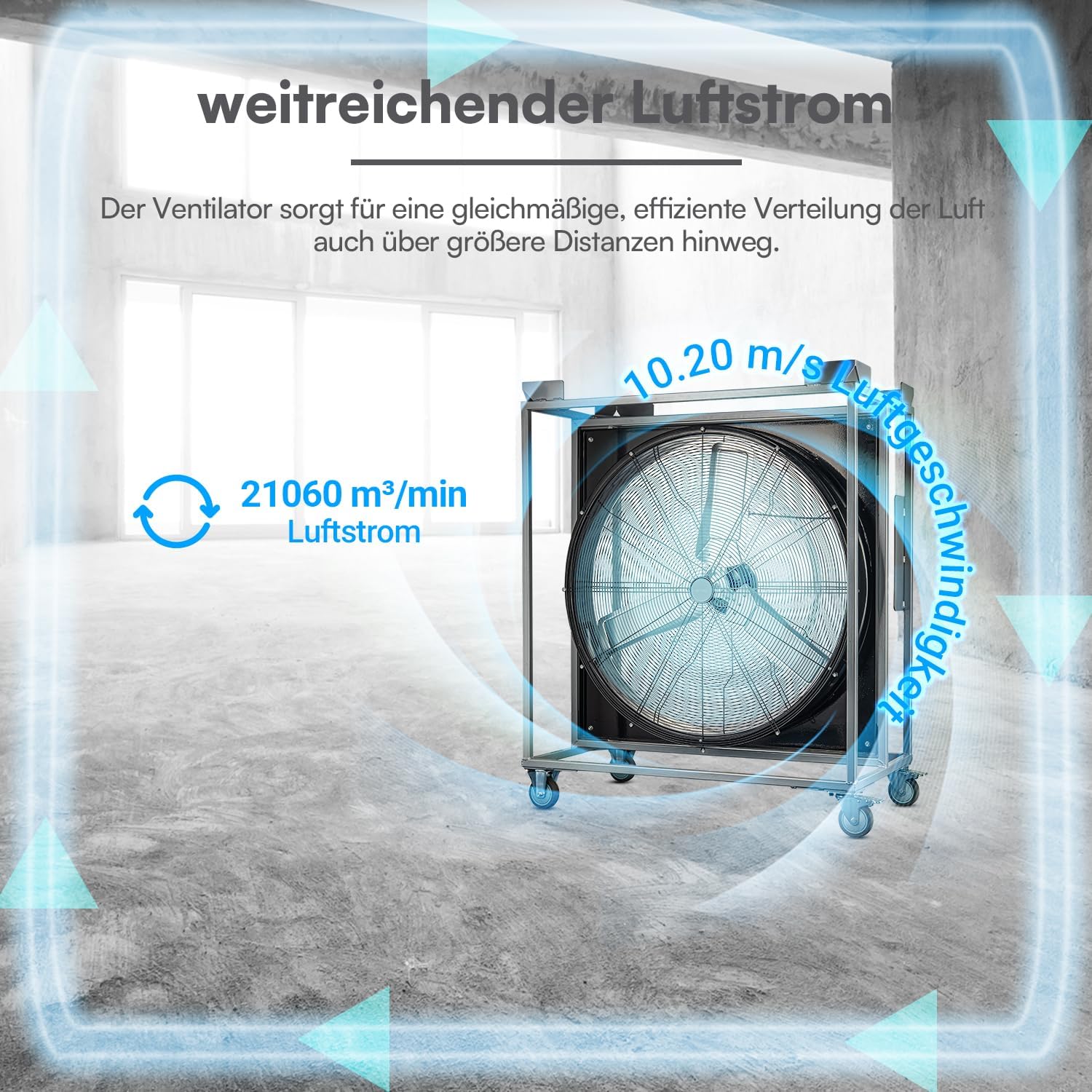 Windmaschine Ventilator 90 cm Industrieventilator 21.060 m³/h Luftstrom 1000 W 2 Stufen Laufrollen Vollkupfermotor Aluminiumblätter 5 m Kabel stapelbar – 5
