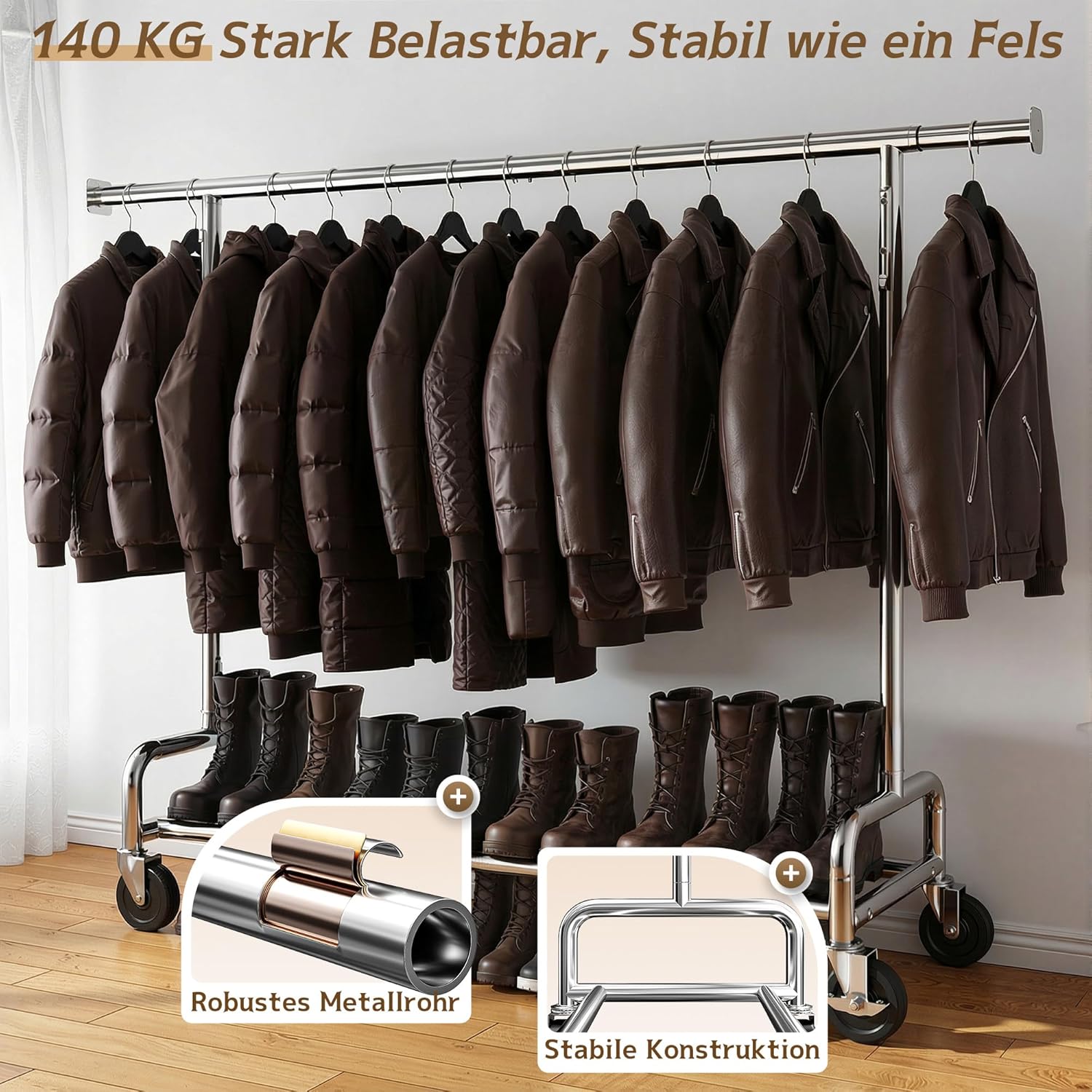 Ausziehbarer Kleiderständer auf Rollen für Mäntel Jacken ausziehbar 189 x 50 x 170 cm Traglast 140 kg – Thumbnail 6