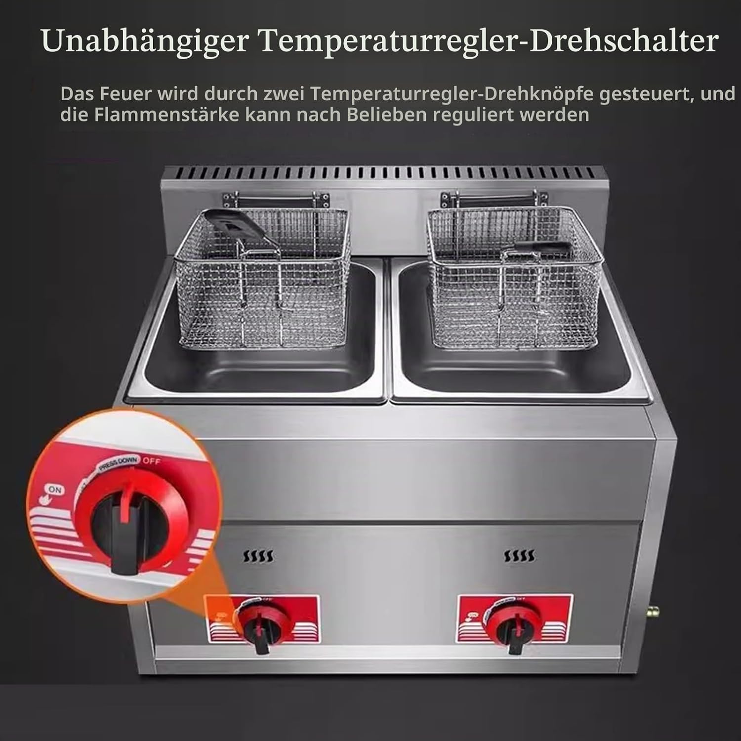 Gas Fritteuse 20 L = 2 x 10 L kommerziell Edelstahl Fritteuse mit Frittierkorb und Deckel Temperatur einstellbar Frittiermaschine für Heimküche Restaurants Imbissstuben – Thumbnail 7