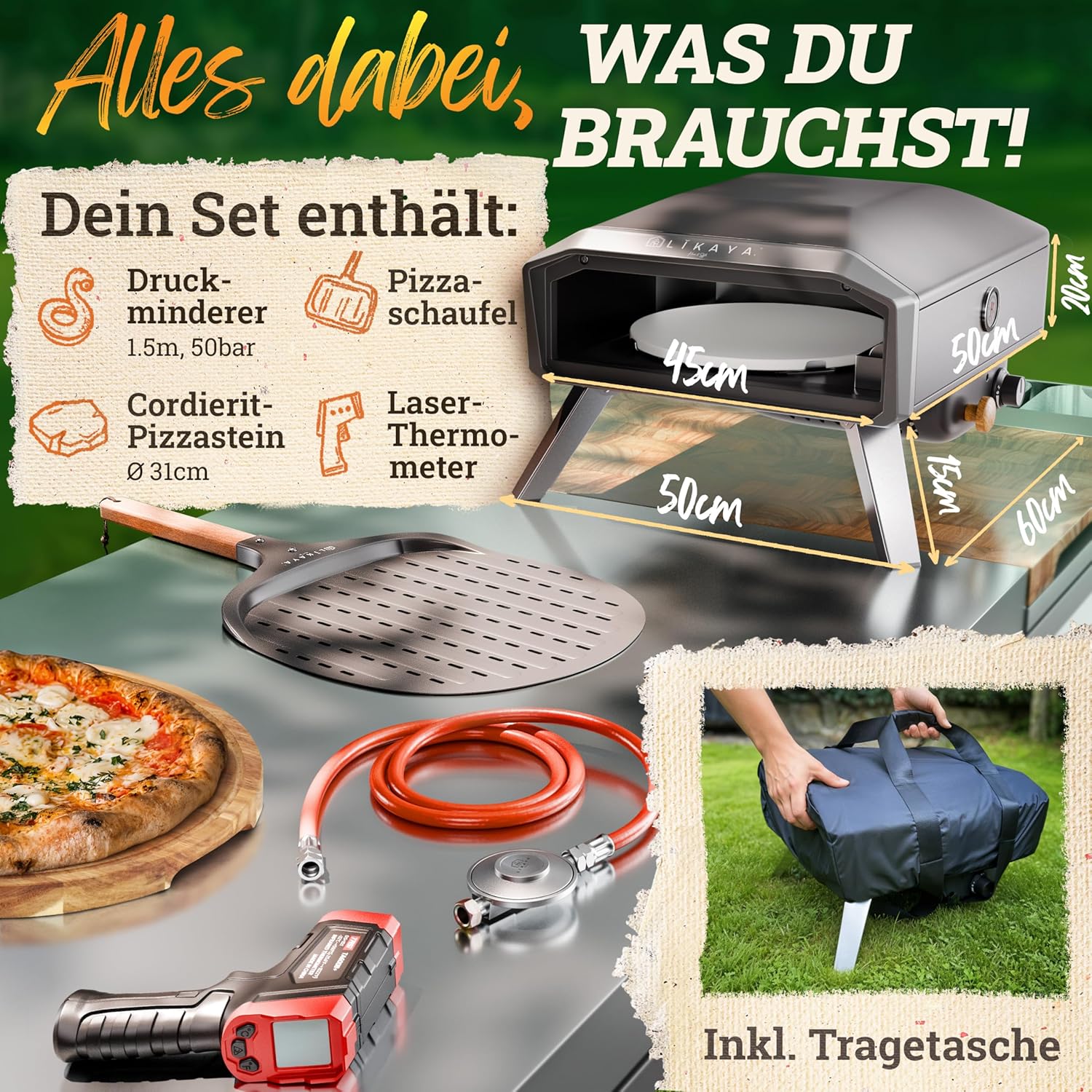 Pizzaofen Gas 6,2kW Outdoor 450°C Gas Pizza Ofen Outdoor Pizzastein Drehteller Pizzaschaufel Tasche & Laser Thermometer – 3