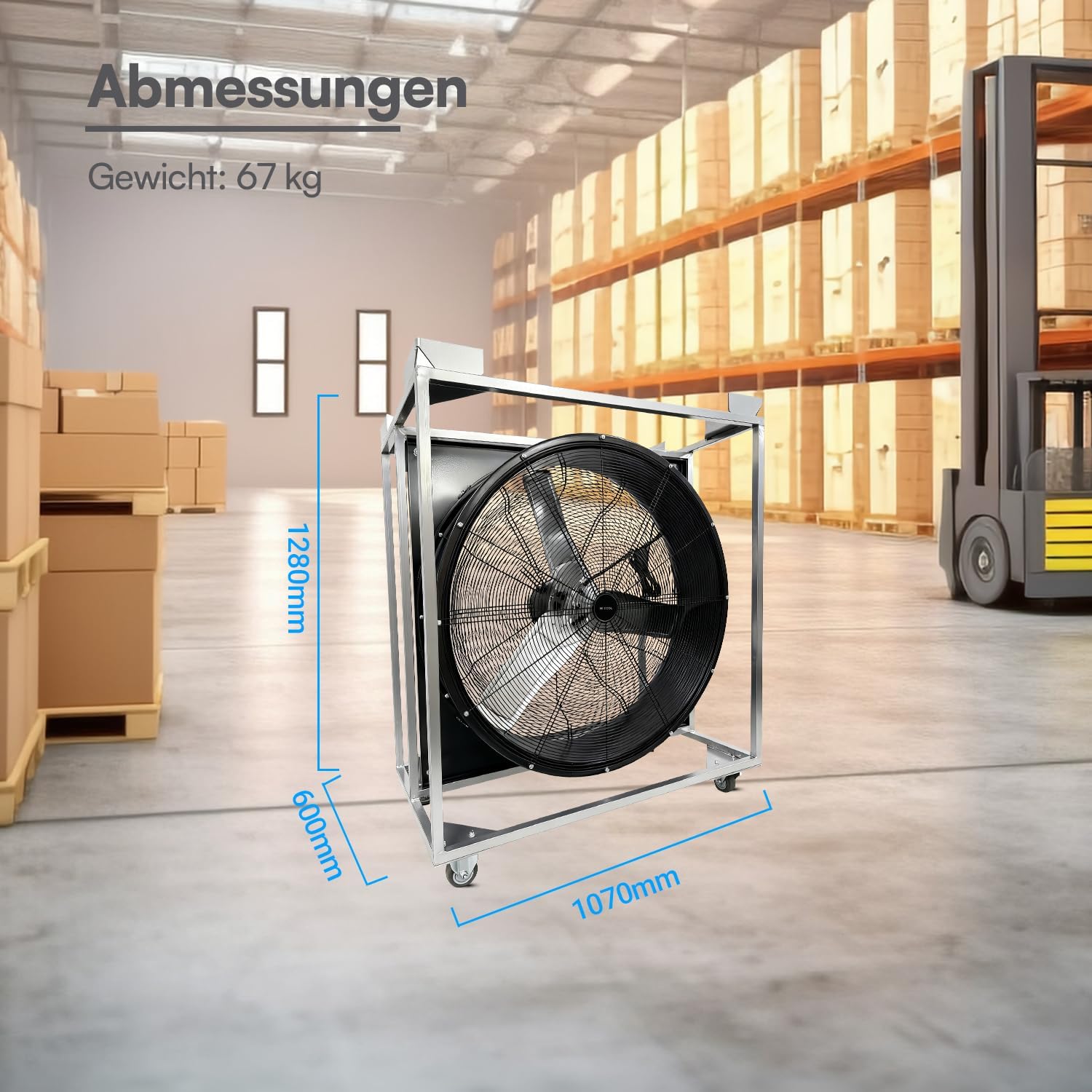 Windmaschine Ventilator 90 cm Industrieventilator 21.060 m³/h Luftstrom 1000 W 2 Stufen Laufrollen Vollkupfermotor Aluminiumblätter 5 m Kabel stapelbar – 2