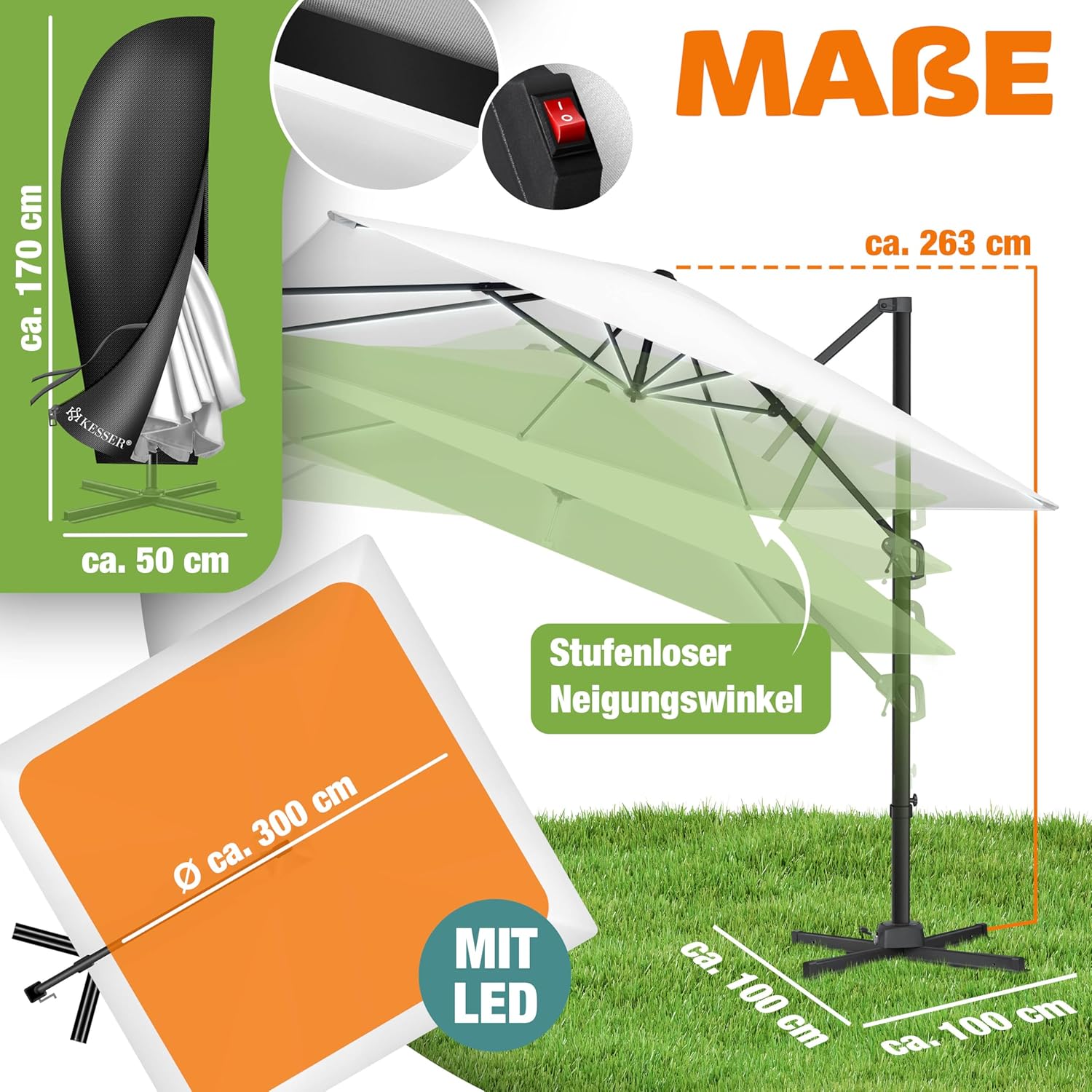 Sonnenschirm LED Beleuchtung Ampelschirm Marktschirm 300 x 300 cm inkl. Abdeckung + Windsicherung drehbar neigbar kippbar groß 360° Rotation Gartenschirm Kurbel – 2
