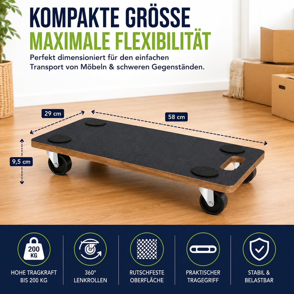 Möbelroller Rollbrett Transportroller Tischtransportwagen 2er Set bis 200 kg/Stck. Roller für Möbel 360° Lenkrollen rutschfest robust Tragegriff – 2