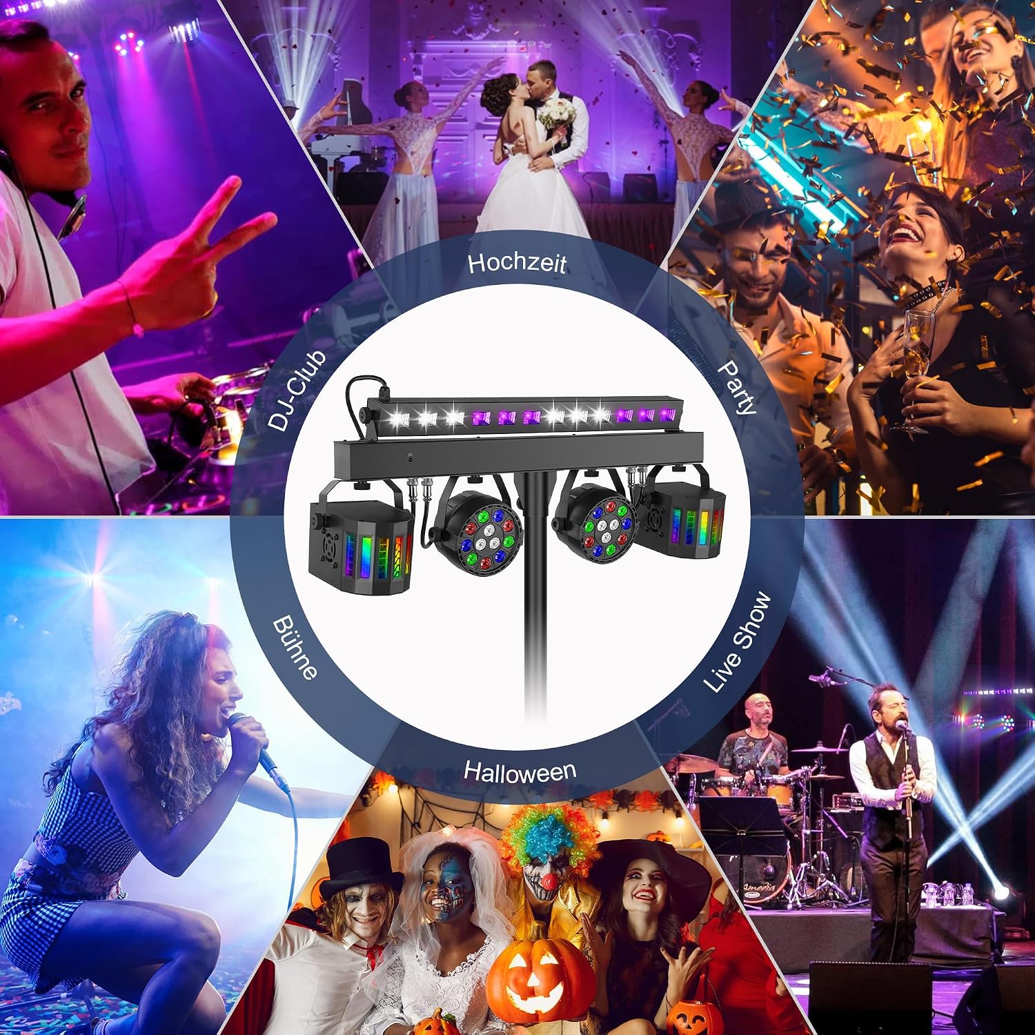 Lichtanlage komplett DJ Licht DMX Stativ Beleuchtung Komplettset 2 x LED PAR 2 x Derby und 1 x UV Stroboskop Lichtleiste musikgesteuert Bühnenlicht Set – 4
