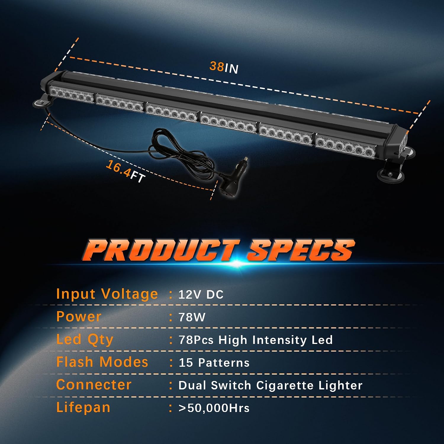 Rundumleuchte Blinklicht 96 cm Warnbalken 78 LED Leuchten mit Magnetbasis für Baustellenfahrzeuge Lkw Pickup (Gelb Weiß) – Thumbnail 6