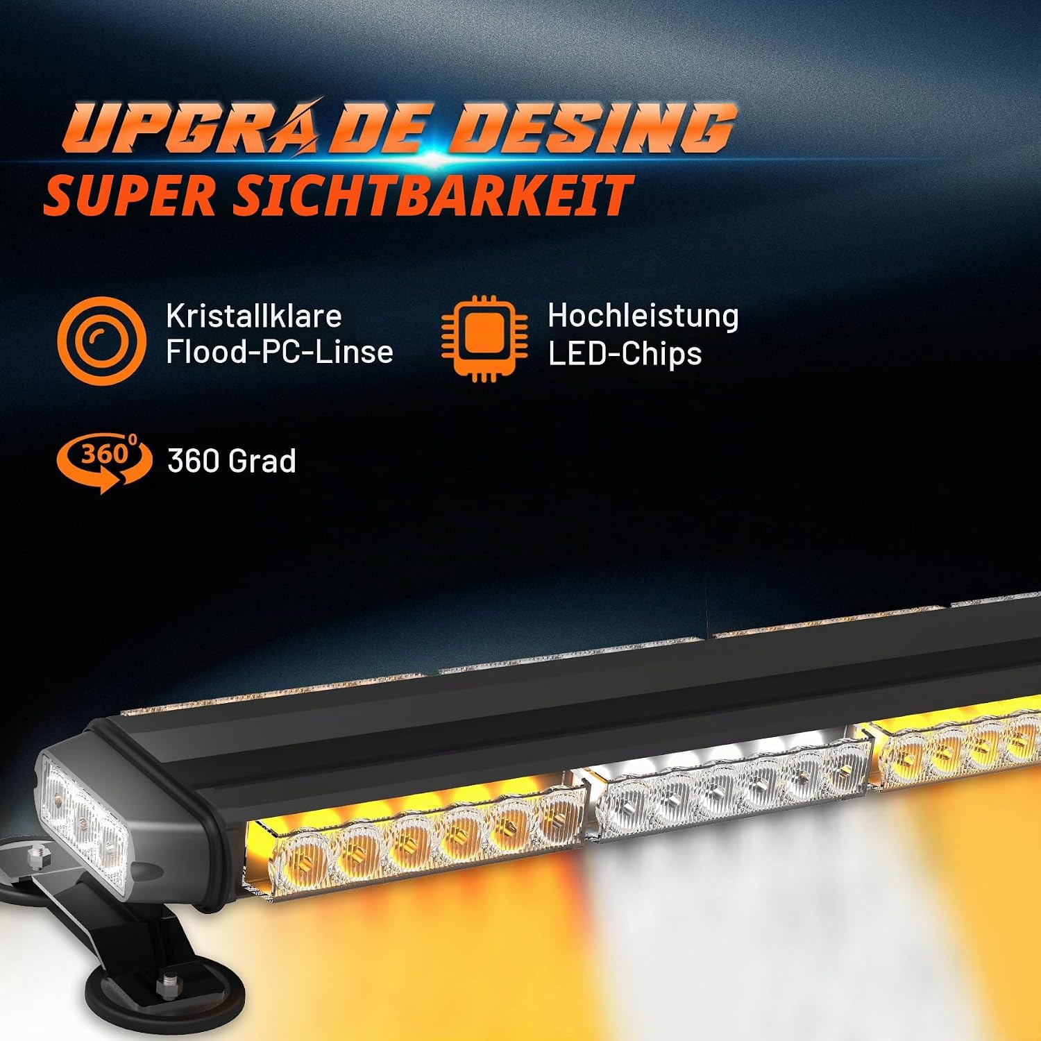 Rundumleuchte Blinklicht 96 cm Warnbalken 78 LED Leuchten mit Magnetbasis für Baustellenfahrzeuge Lkw Pickup (Gelb Weiß) – 3