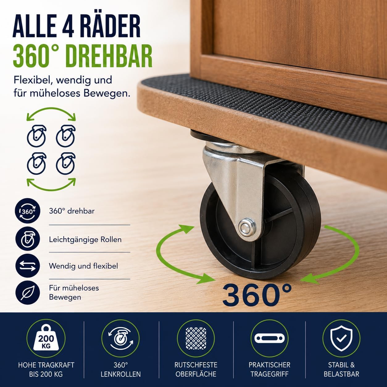 Möbelroller Rollbrett Transportroller Tischtransportwagen 2er Set bis 200 kg/Stck. Roller für Möbel 360° Lenkrollen rutschfest robust Tragegriff – 4