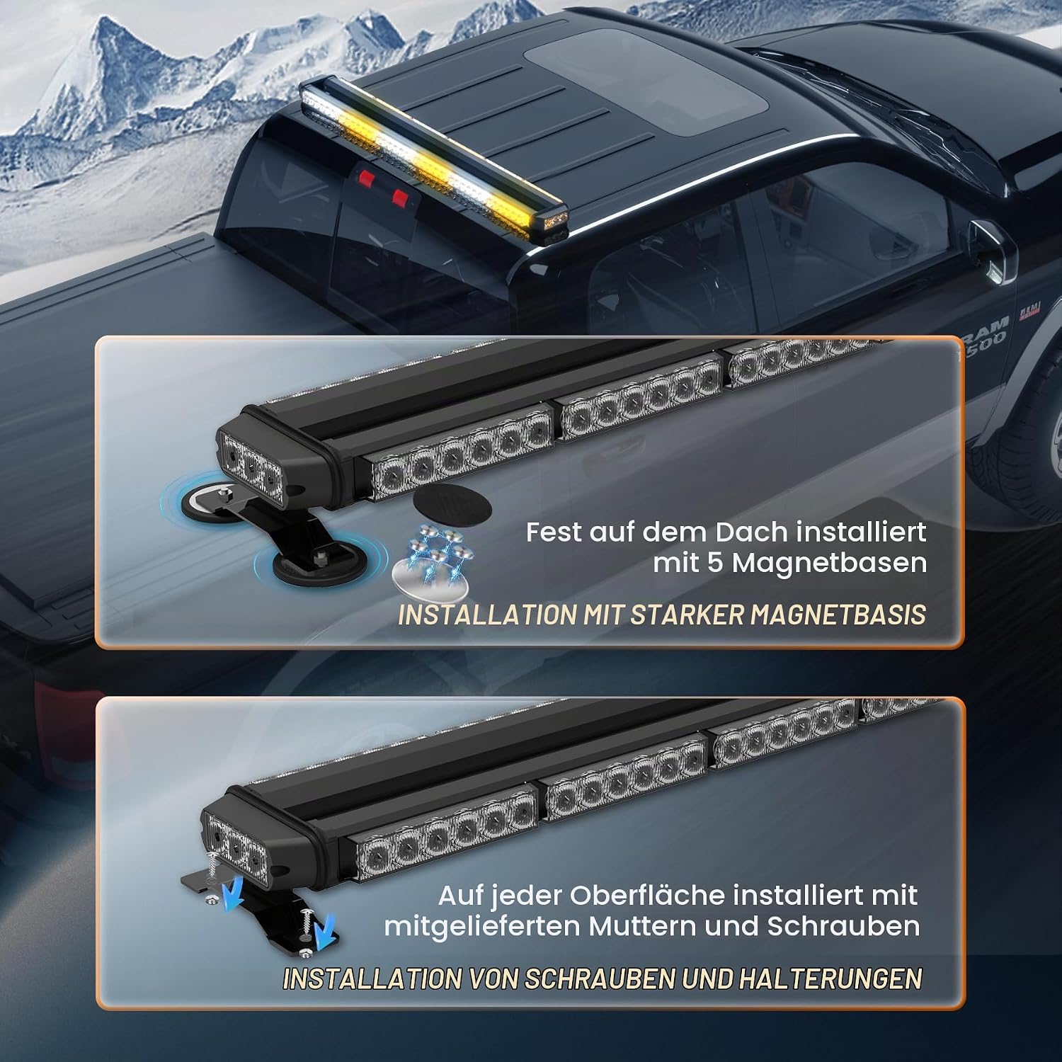 Rundumleuchte Blinklicht 96 cm Warnbalken 78 LED Leuchten mit Magnetbasis für Baustellenfahrzeuge Lkw Pickup (Gelb Weiß) – 5