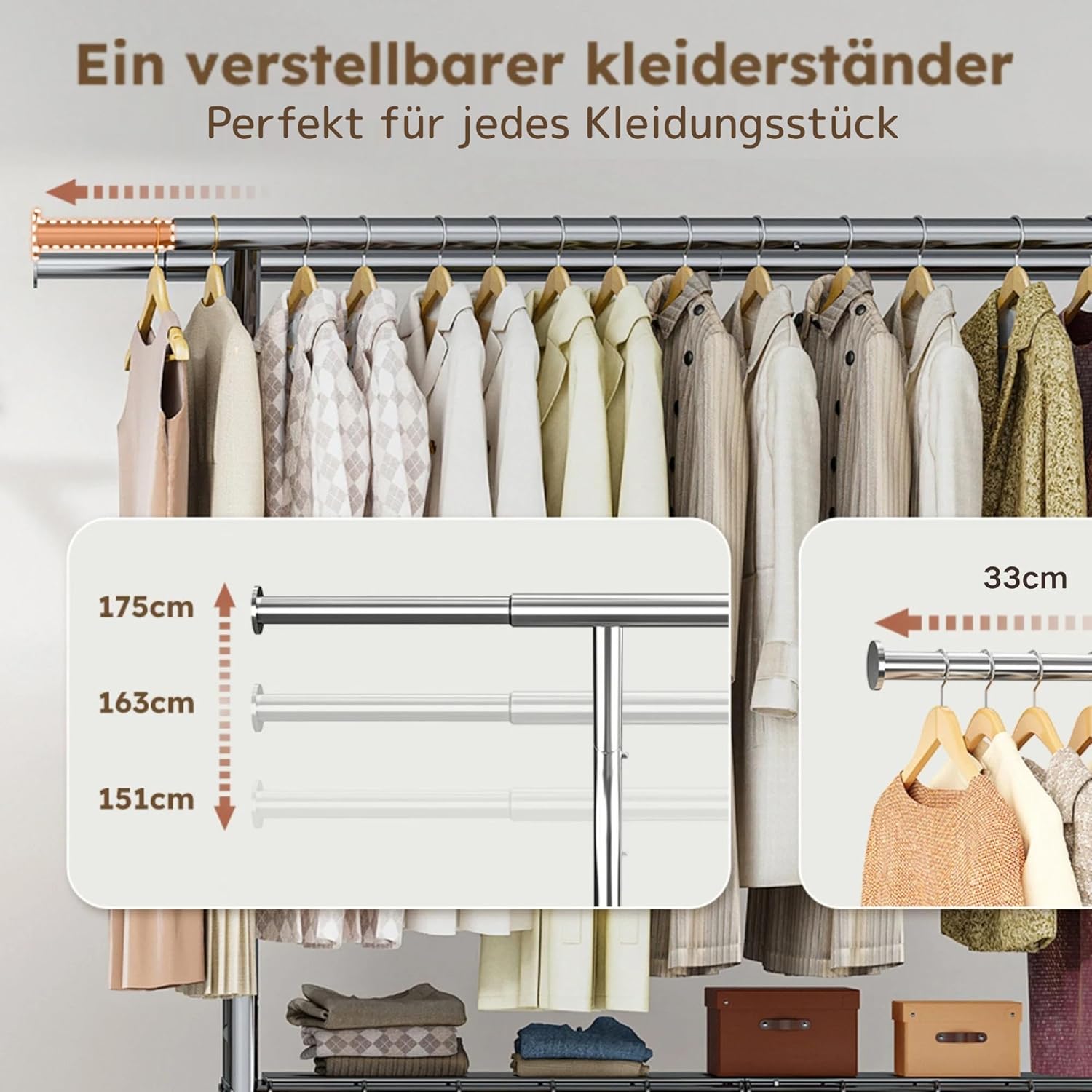 Doppelkleiderständer 200 kg Traglast Kleiderständer Breite verstellbar 128-189 cm ausziehbar auf Rollen 2 zusätzlichen Abstellflächen – Thumbnail 7
