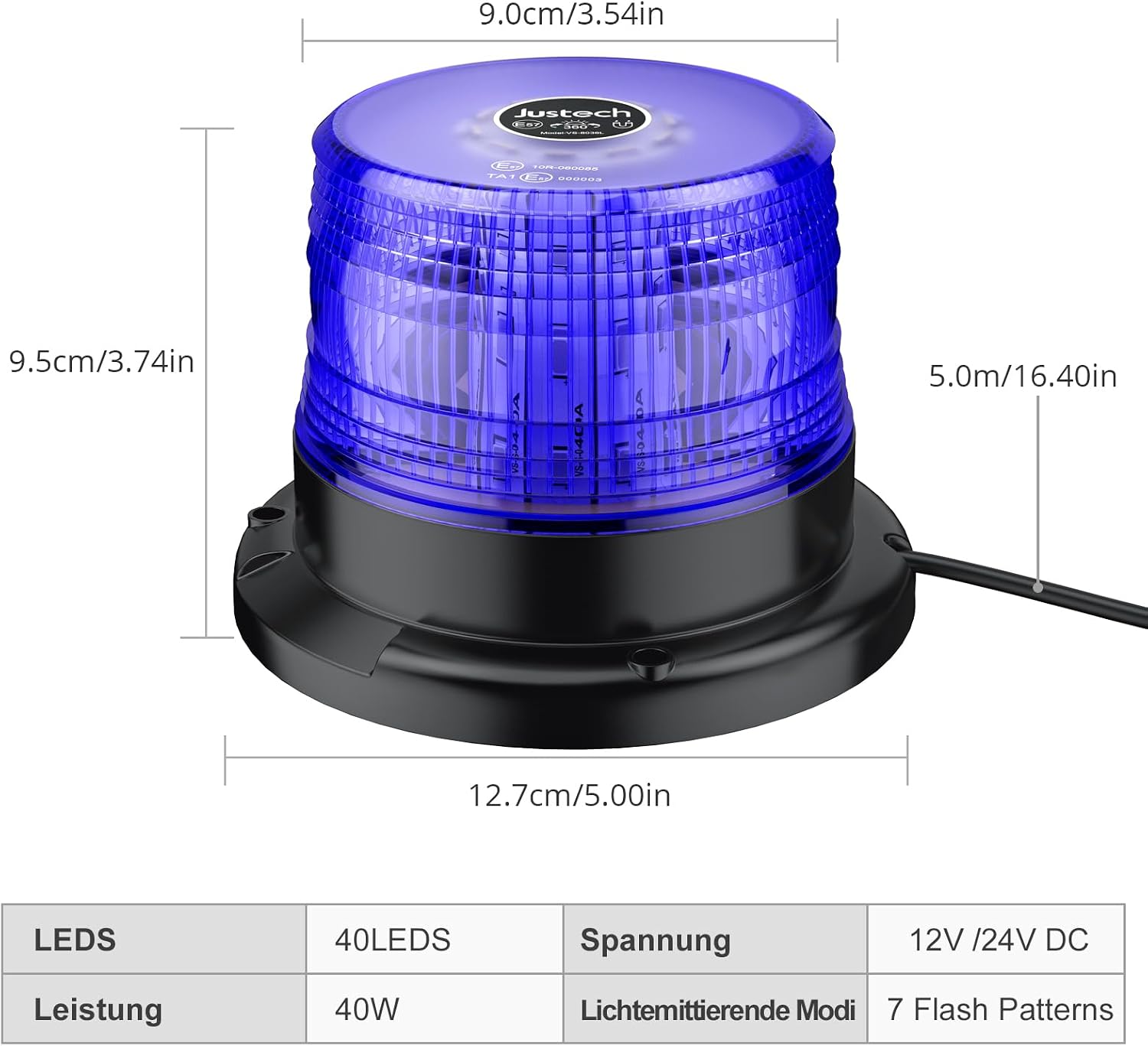 Blaulicht Rundumleuchte 360° Blau Warnleuchte Blitzleuchte 7 Modus mit 5 m Netzkabel 12V / 24V Warnlicht mit Magnetfuß – 3