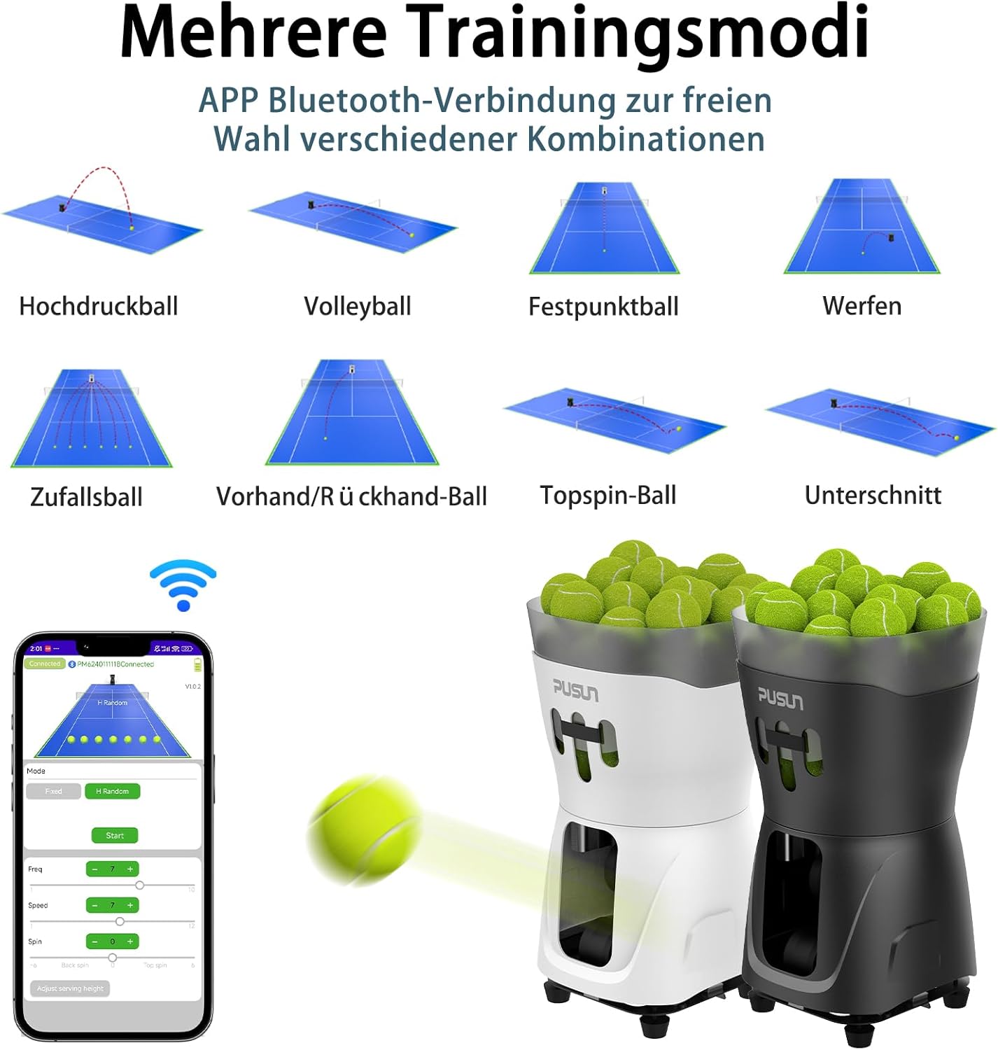 Indoor-Tennismaschine tragbare Tennisballmaschine Tennistrainer Ballwerfer leichte mit APP-Steuerung 65-Ball-Kapazität für Schulen 3-5h Akku – 2