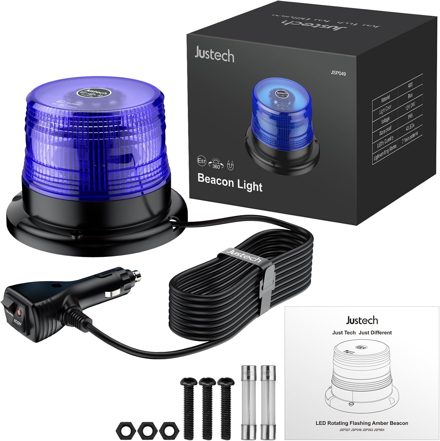 Blaulicht Rundumleuchte 360° Blau Warnleuchte Blitzleuchte 7 Modus mit 5 m Netzkabel 12V / 24V Warnlicht mit Magnetfuß – Thumbnail 8