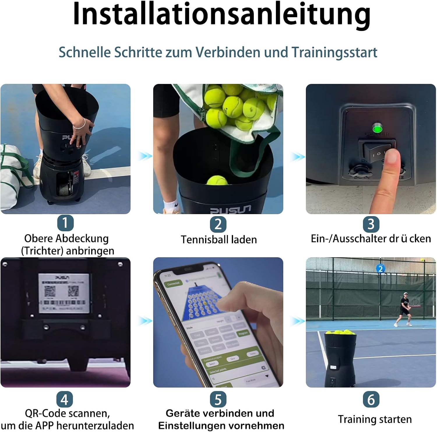 Indoor-Tennismaschine tragbare Tennisballmaschine Tennistrainer Ballwerfer leichte mit APP-Steuerung 65-Ball-Kapazität für Schulen 3-5h Akku – Thumbnail 8