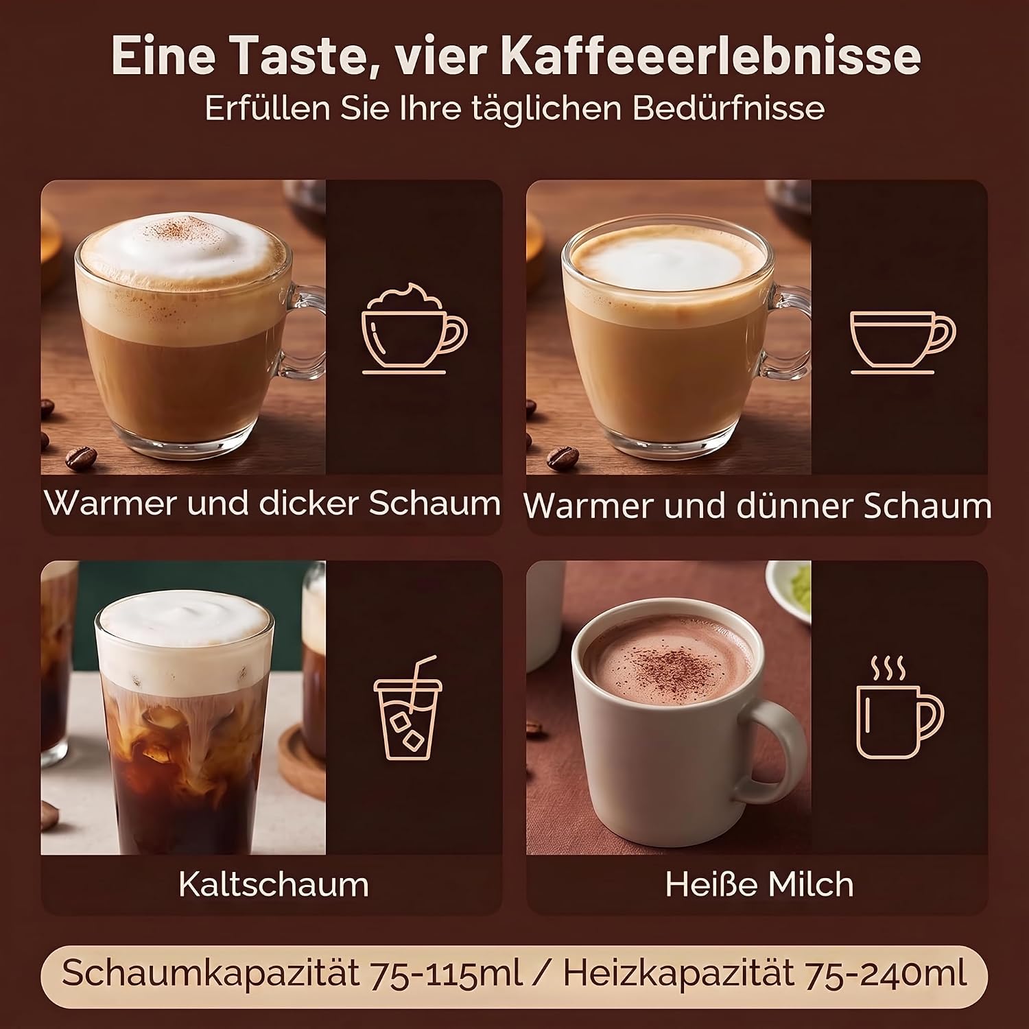 Milchaufschäumer elektrisch 4 in 1 leise & schnell 75 ml – 240 ml für heißen & kalten Milchschaum Edelstahl für Latte Macchiato & Cappuccino – 2